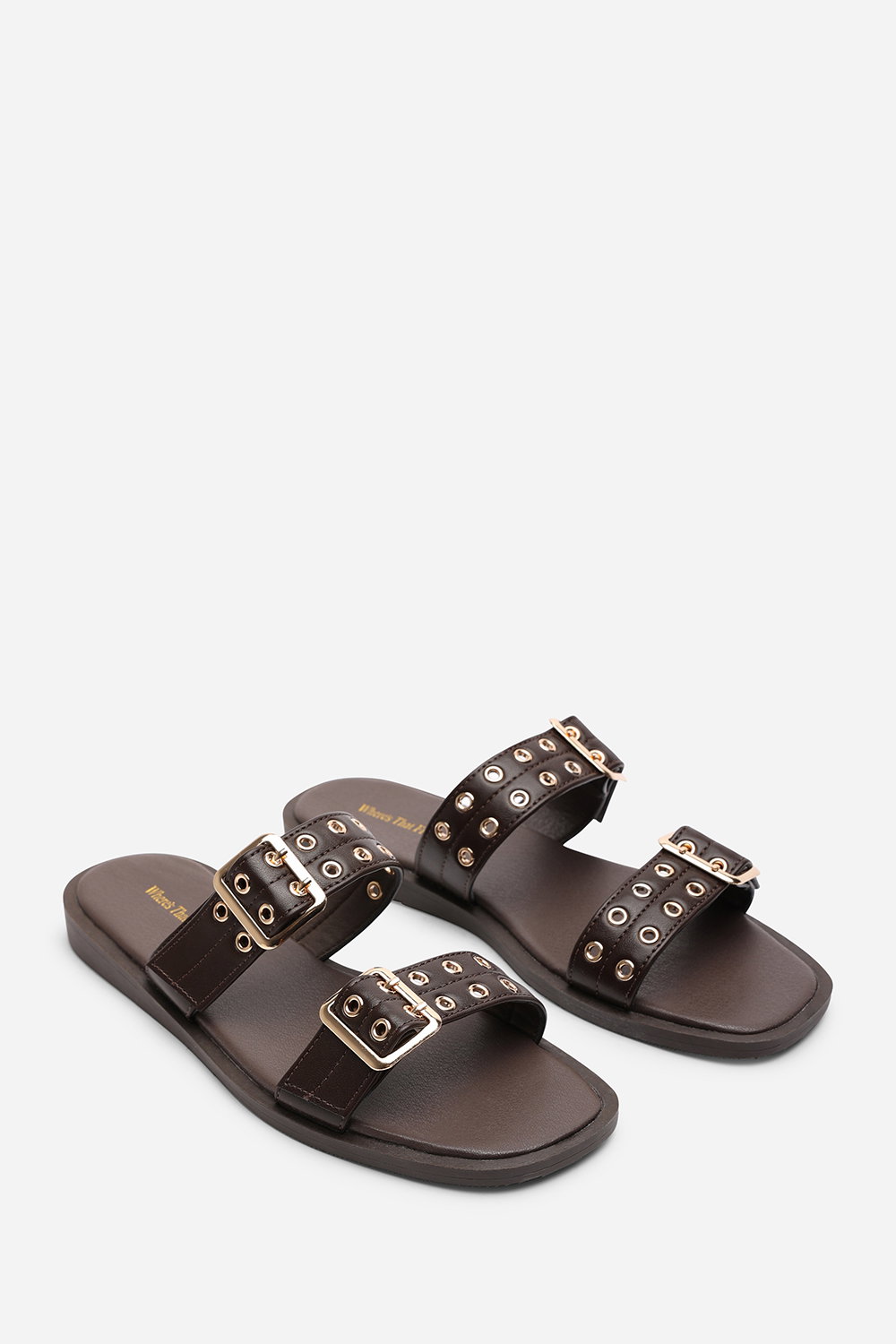 Dark Brown Orchard Slide On Double Buckle Studded Sandal, Image 4 of 5