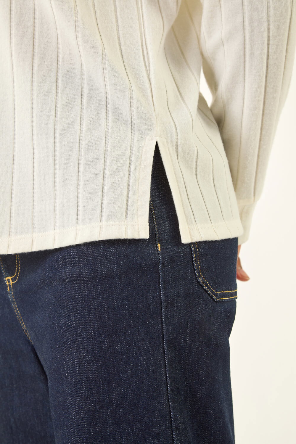 Cream Ribbed Collared Stretch Top, Image 6 of 5