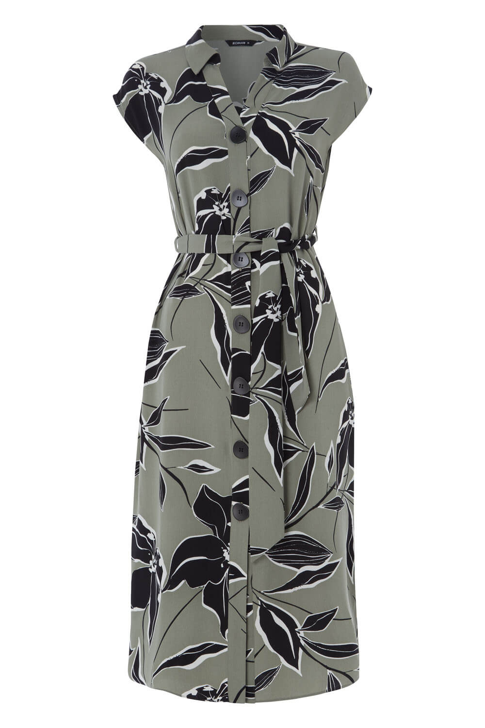Khaki Floral Belted Shirt Midi Dress, Image 6 of 5