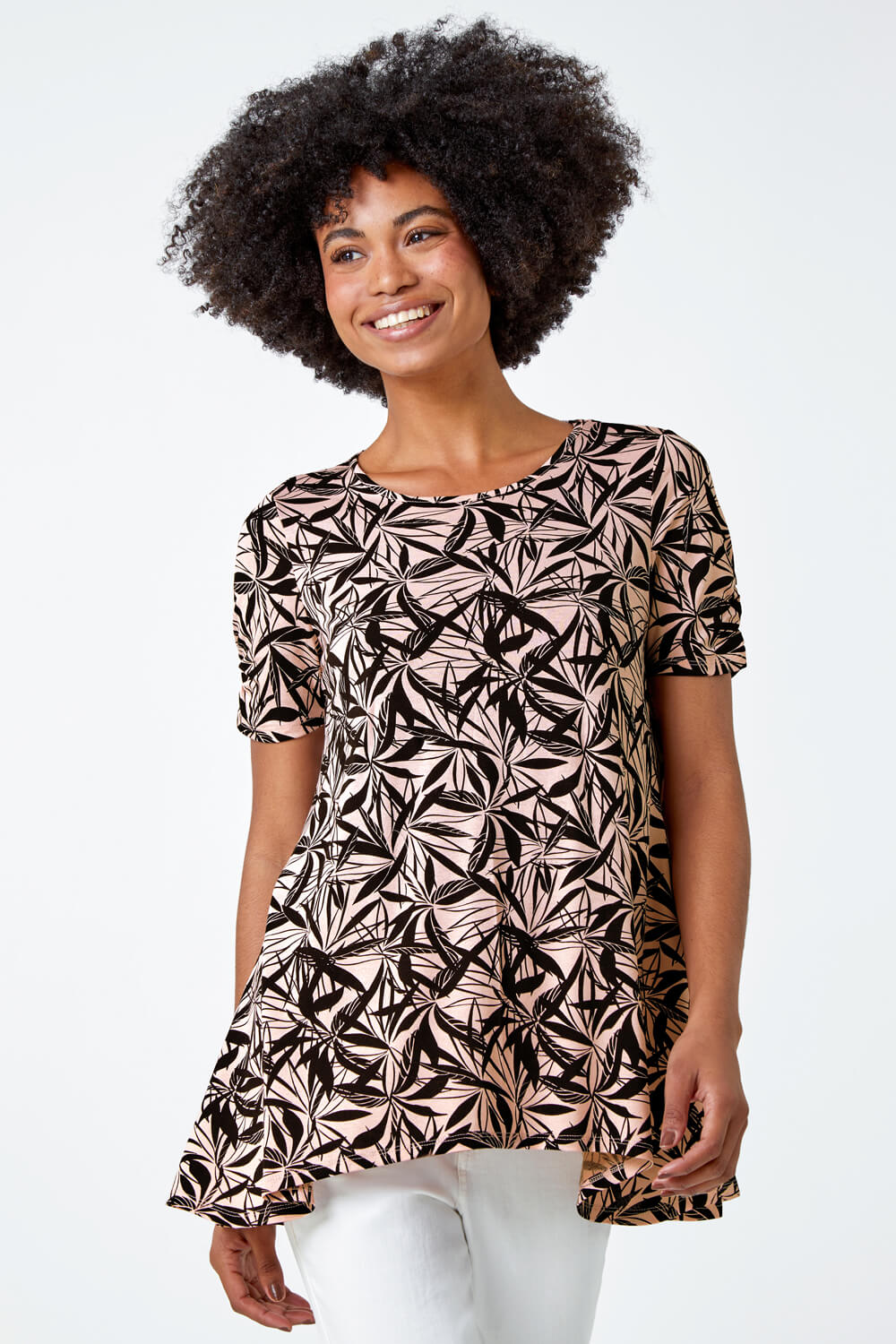 Light Pink Leaf Print Hanky Hem Tunic Top, Image 3 of 5