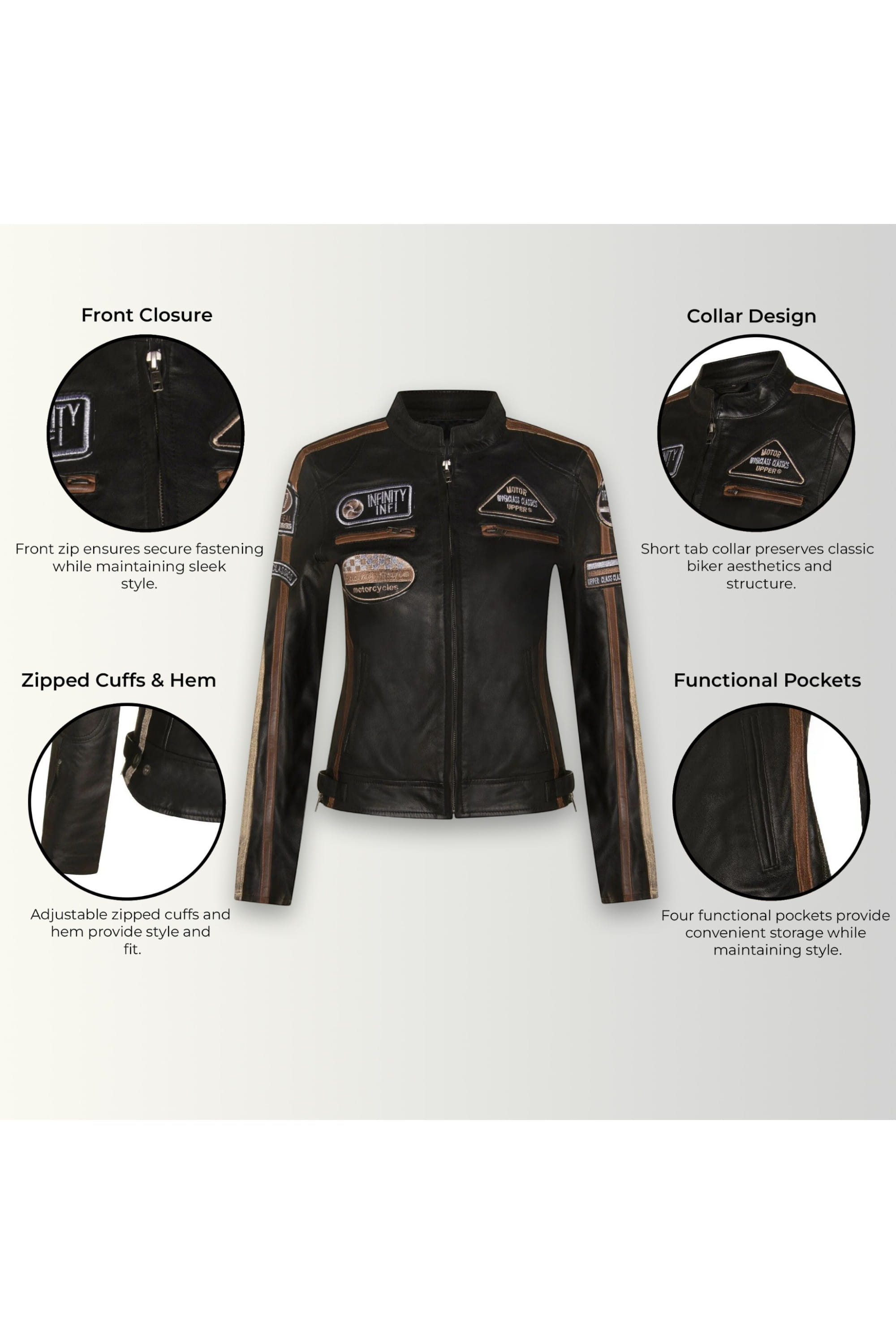 Black Leather Biker Racing Badges Jacket, Image 3 of 5