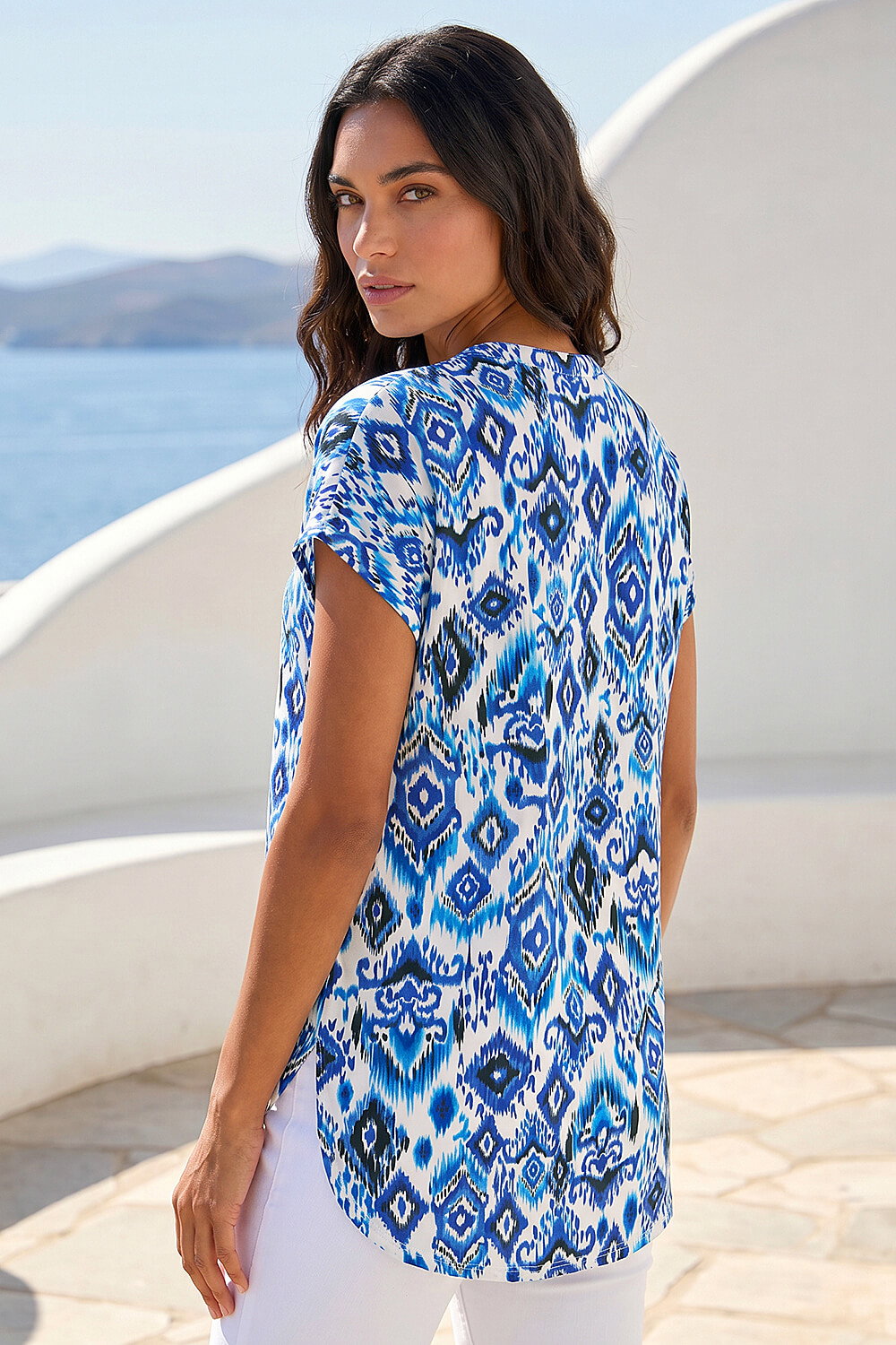 Blue Ikat Print Stretch Top, Image 4 of 4