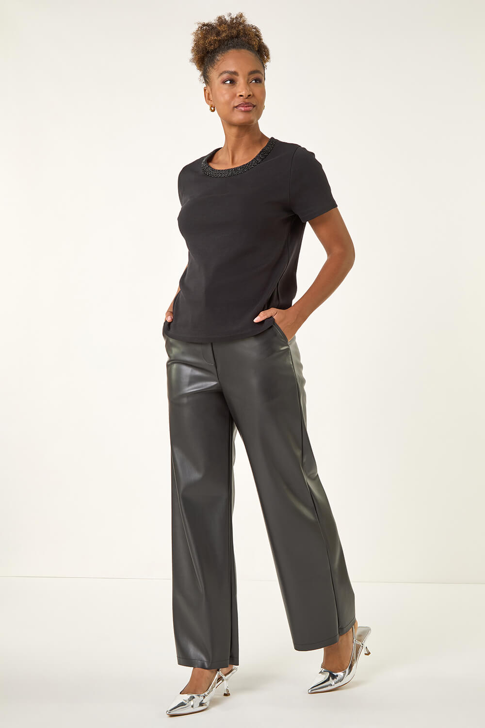 Black Beaded Neck T-Shirt, Image 3 of 5