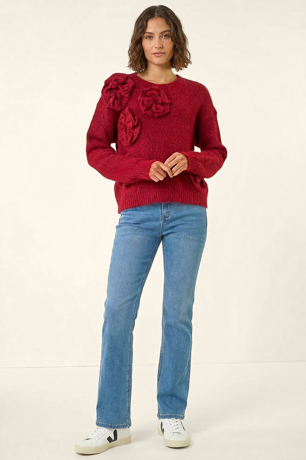 Red Chunky Floral Knit Jumper, Image 3 of 5