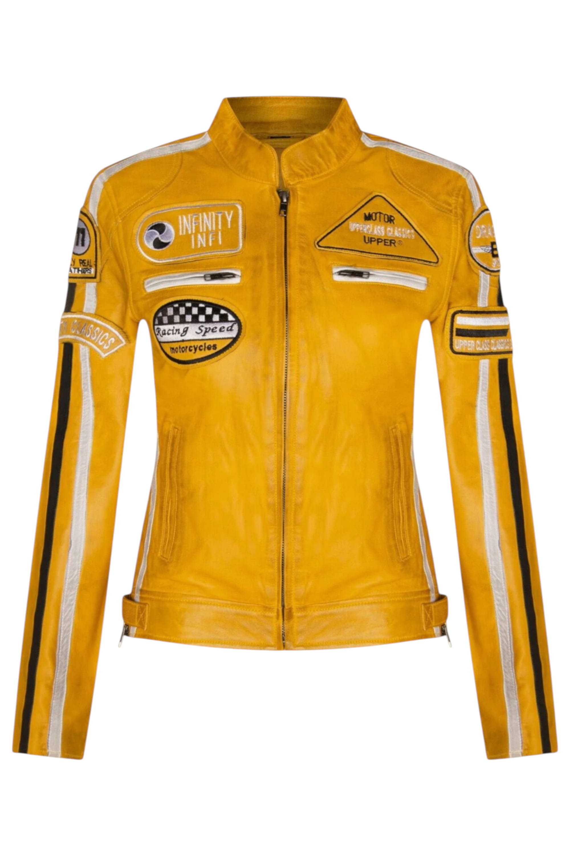 Yellow Infinity Leather Yellow Biker Racing Badges Leather Jacket, Image 1 of 5