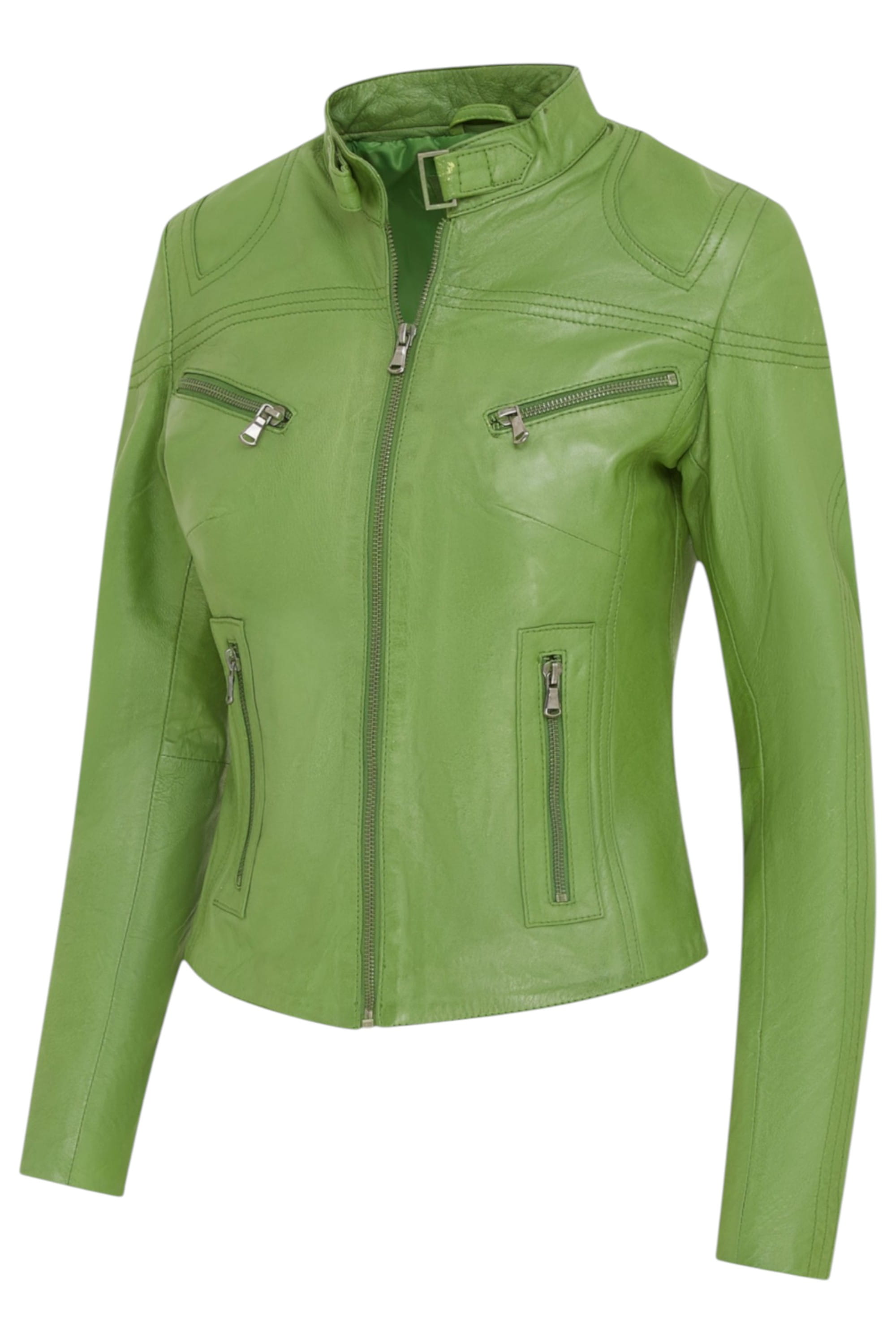 Green Slim-Fit Leather Biker Jacket-Tulsa, Image 4 of 7