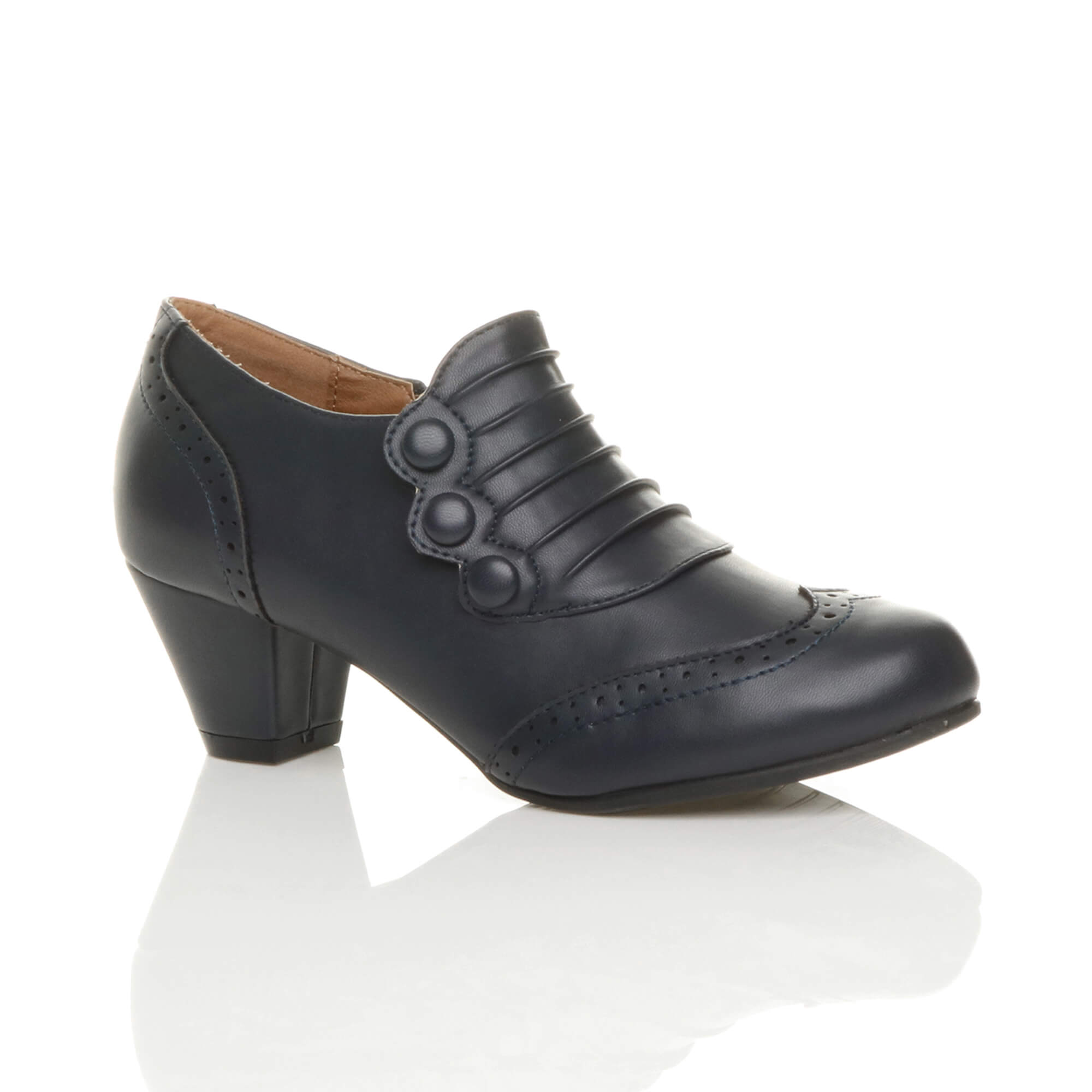 Navy Blue AJVANI Navy Blue Mid Heel Brogue Button Ankle Boots Shoe Boots, Image 1 of 6