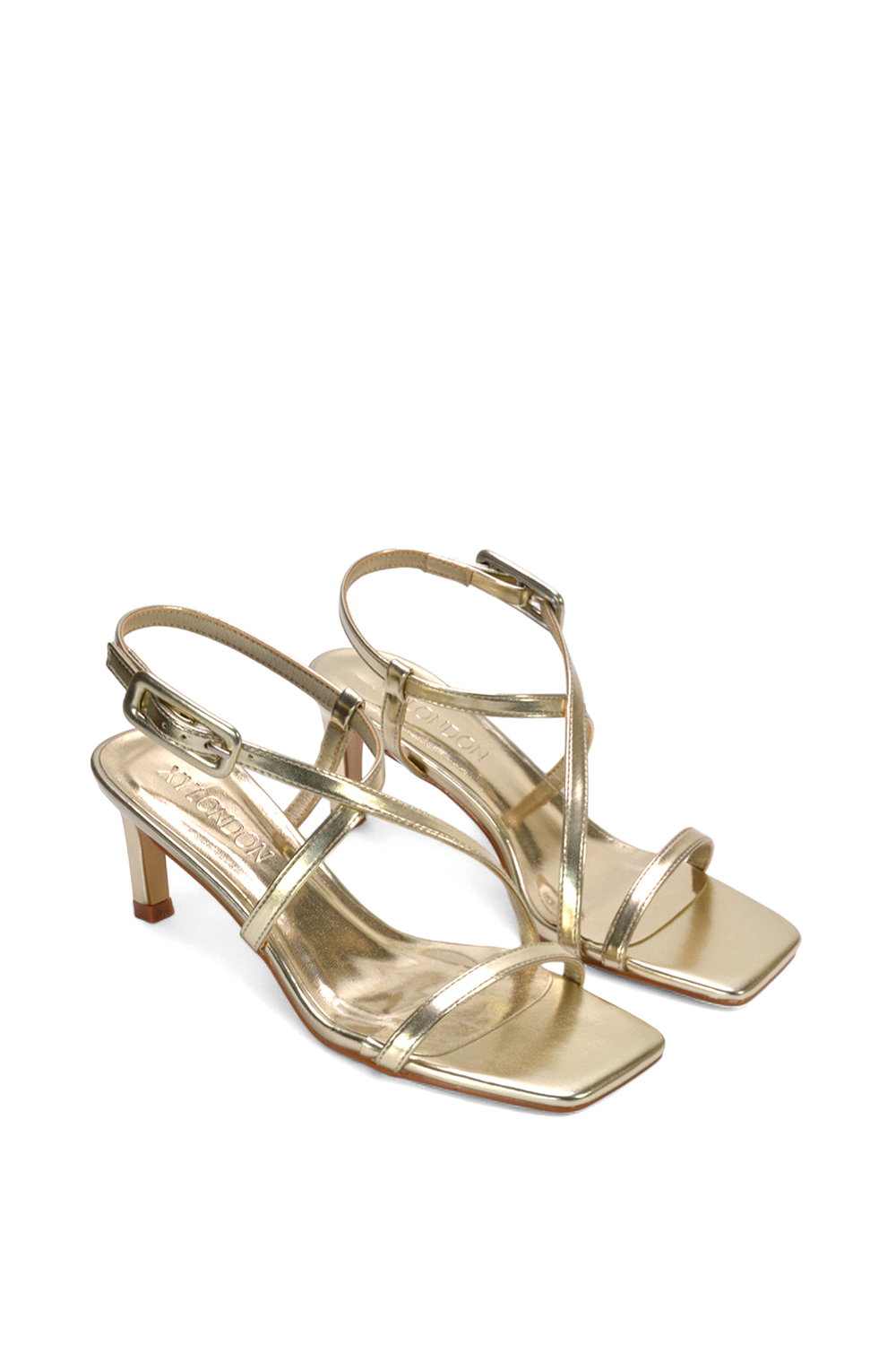 Gold 'Gabriella' Square Toe Mid Stiletto Heel Sandals With Adjustable Strap, Image 5 of 5
