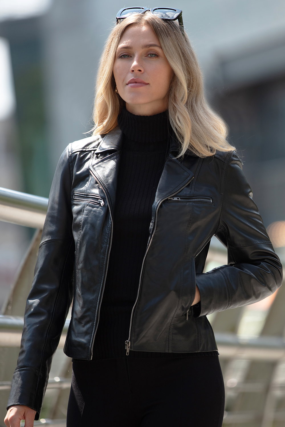 Black 'Eva' Leather Biker Style Jacket Women Coat