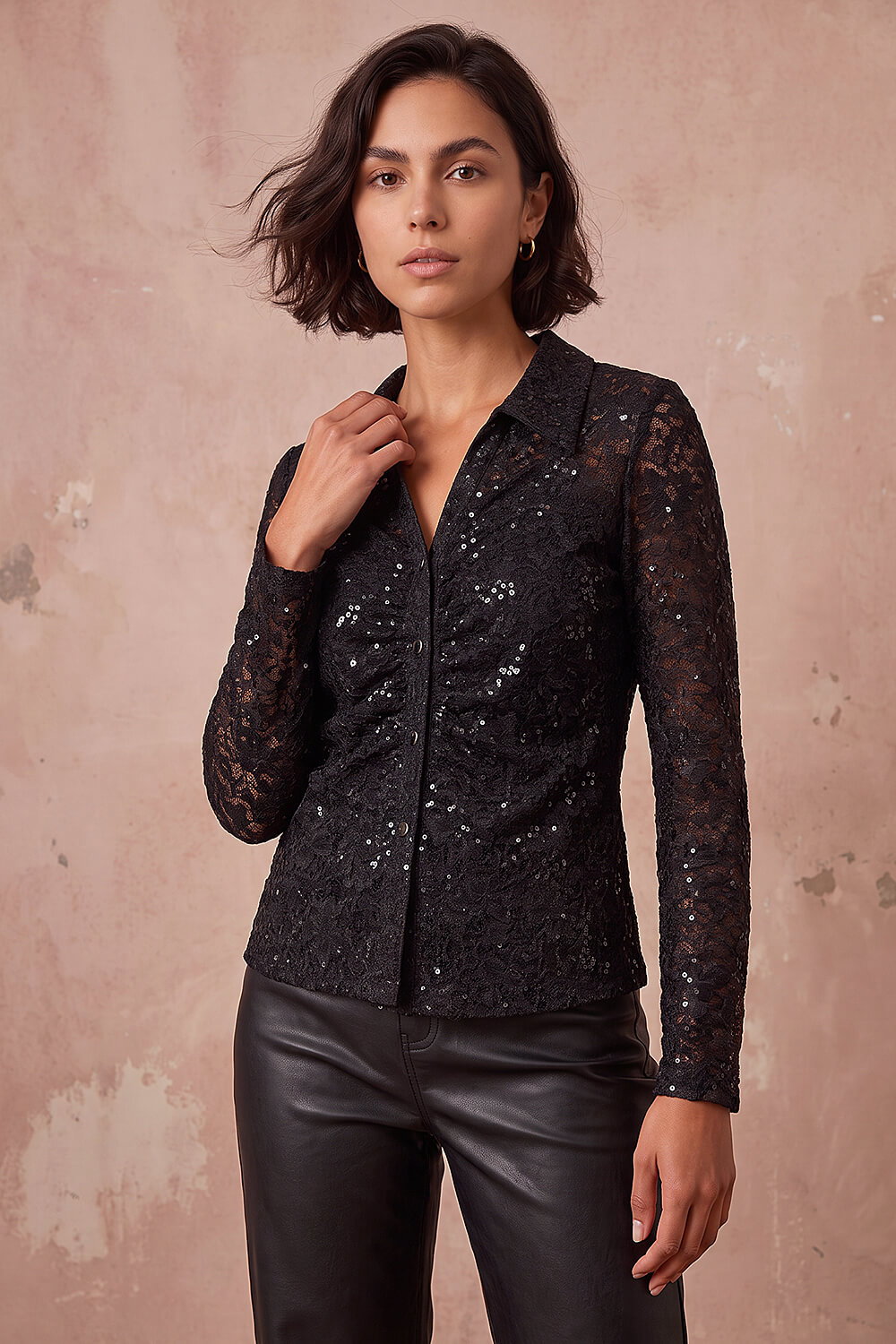 Roman Women's Black Sequin Lace Collared Blouse Size 10