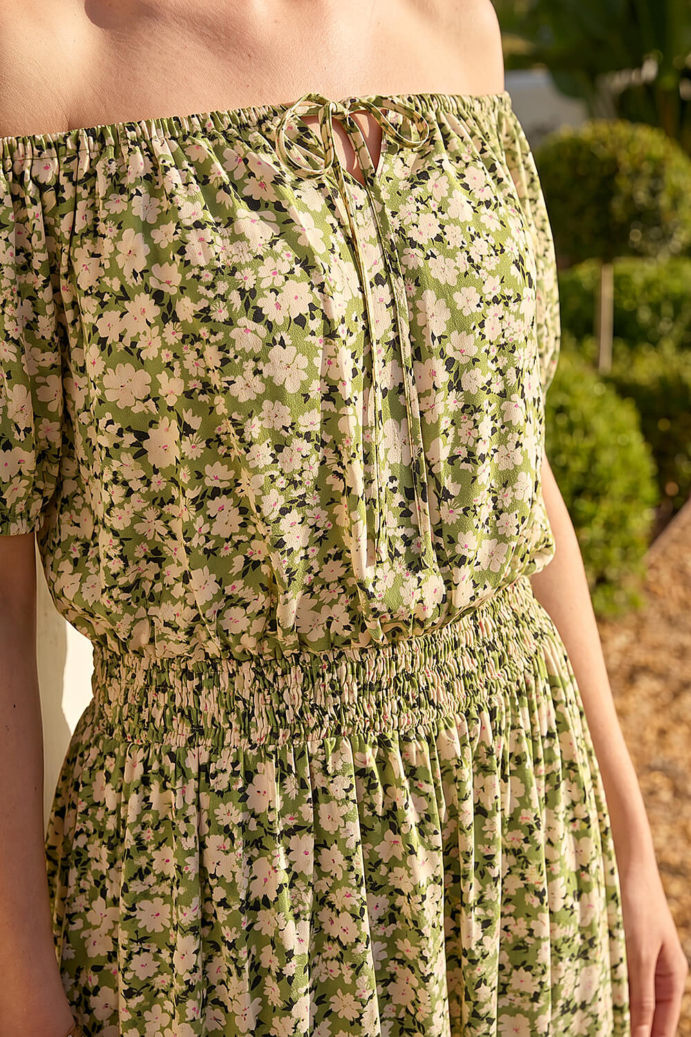 Khaki Petite Ditsy Print Bardot Midi Dress, Image 5 of 4