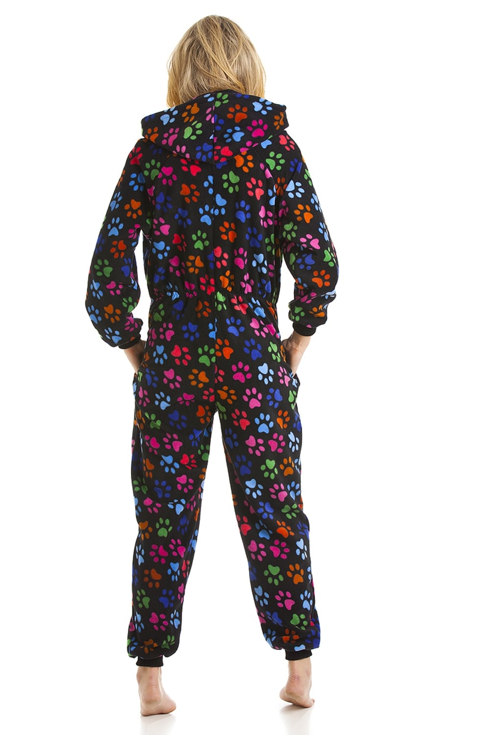 Black Camille Lingerie Black All In One Paw Print Hooded Fleece Onesie, Image 2 of 5