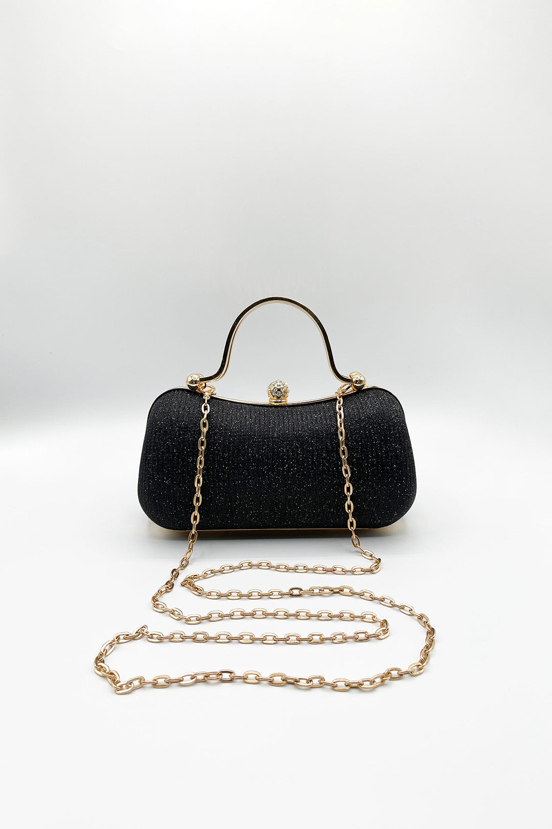 Black Diamonte Handle Glitter Clutch Bag with Chain Strap, Image 5 of 5