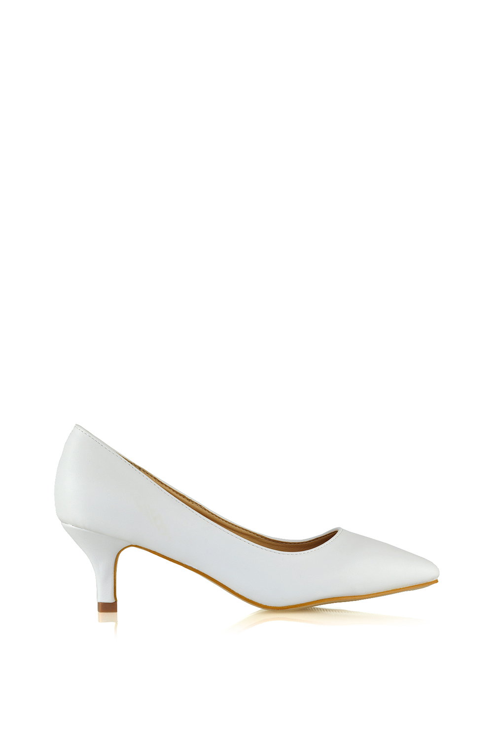 White 'Cali' Pointed Toe Low Stiletto Kitten High Heel Court Shoes