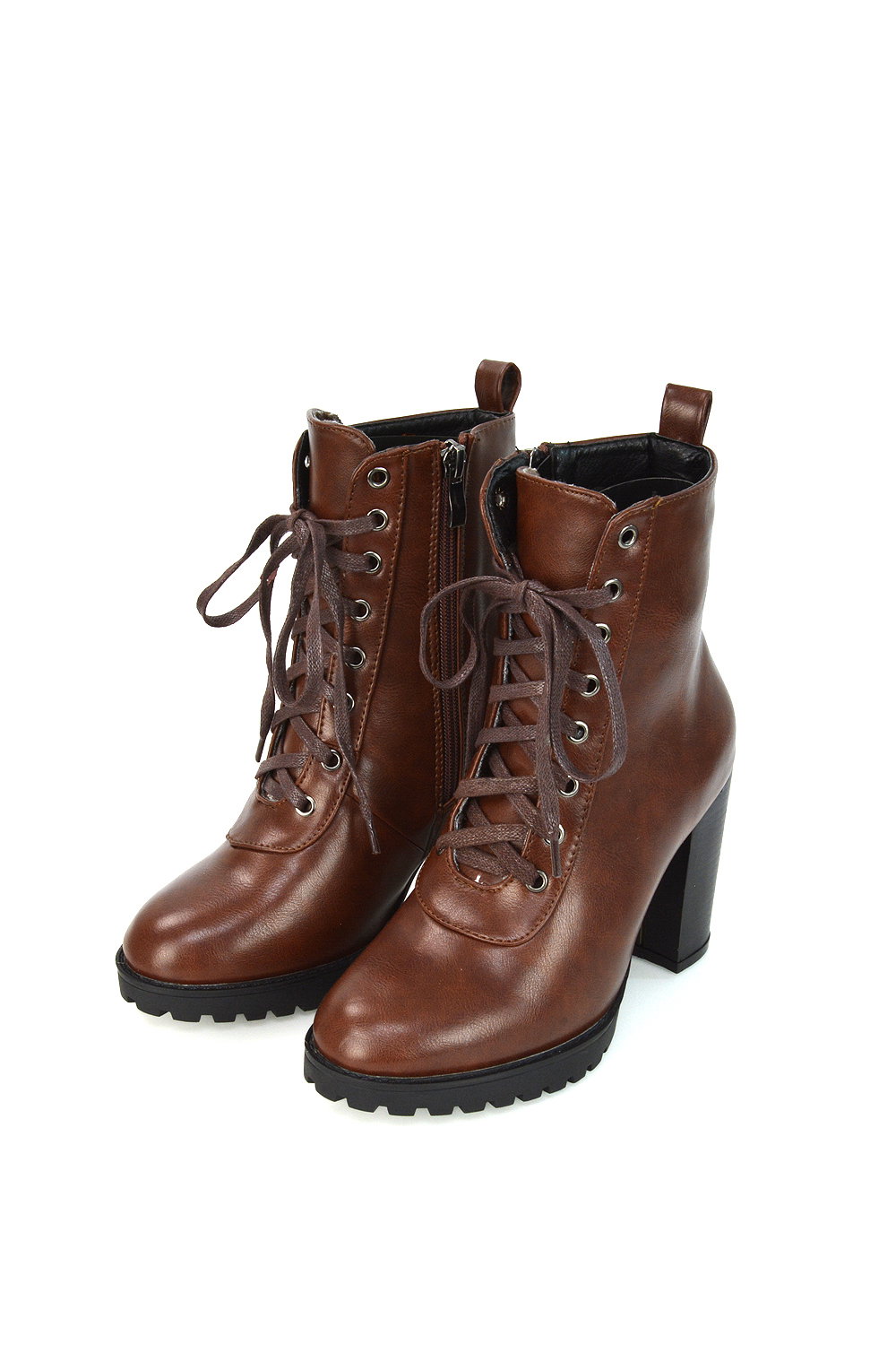Brown 'Ariel' Lace up High Block Heel Zip-up Biker Ankle Boots, Image 5 of 5