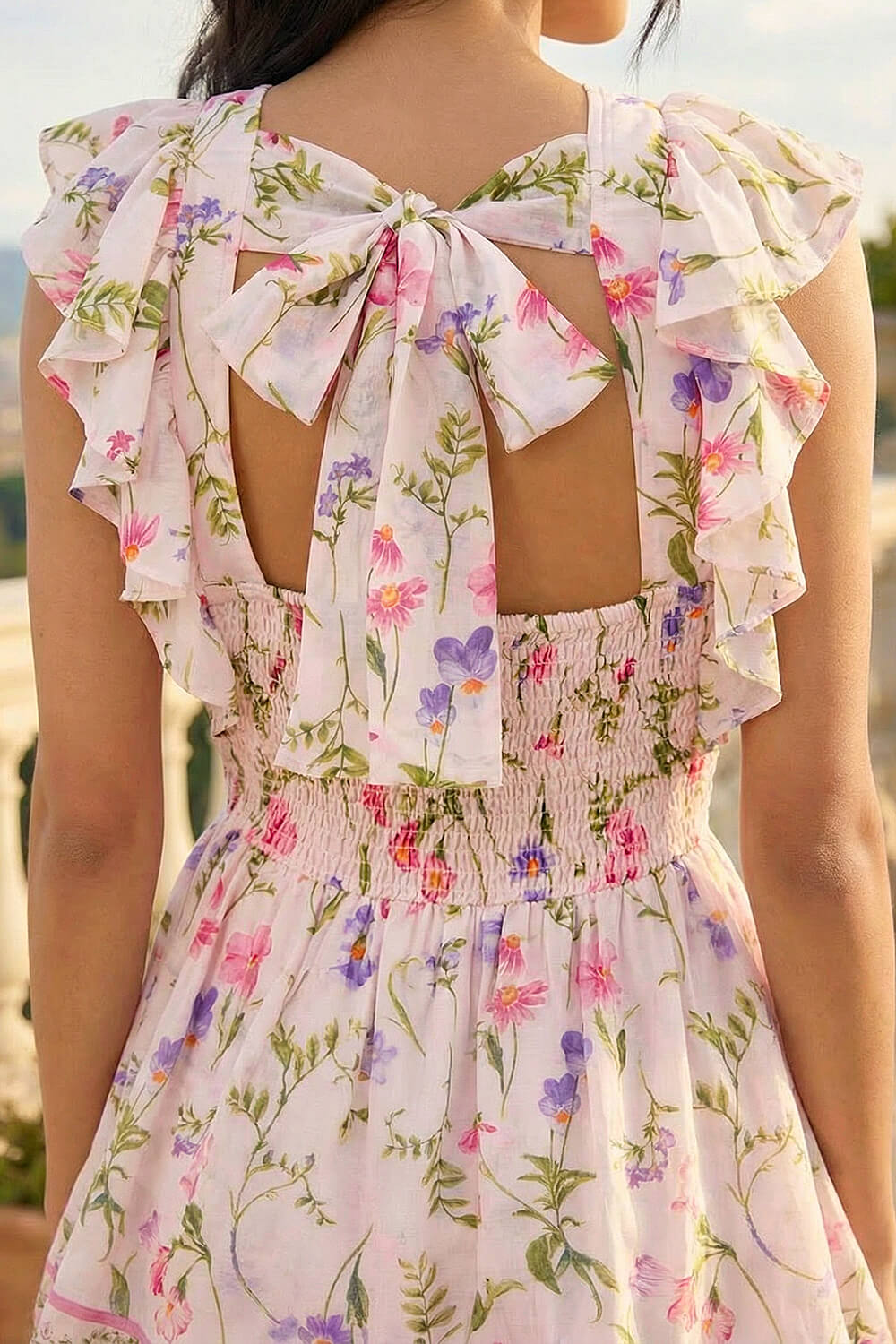Light Pink Floral Border Print Frill Maxi Dress, Image 5 of 4