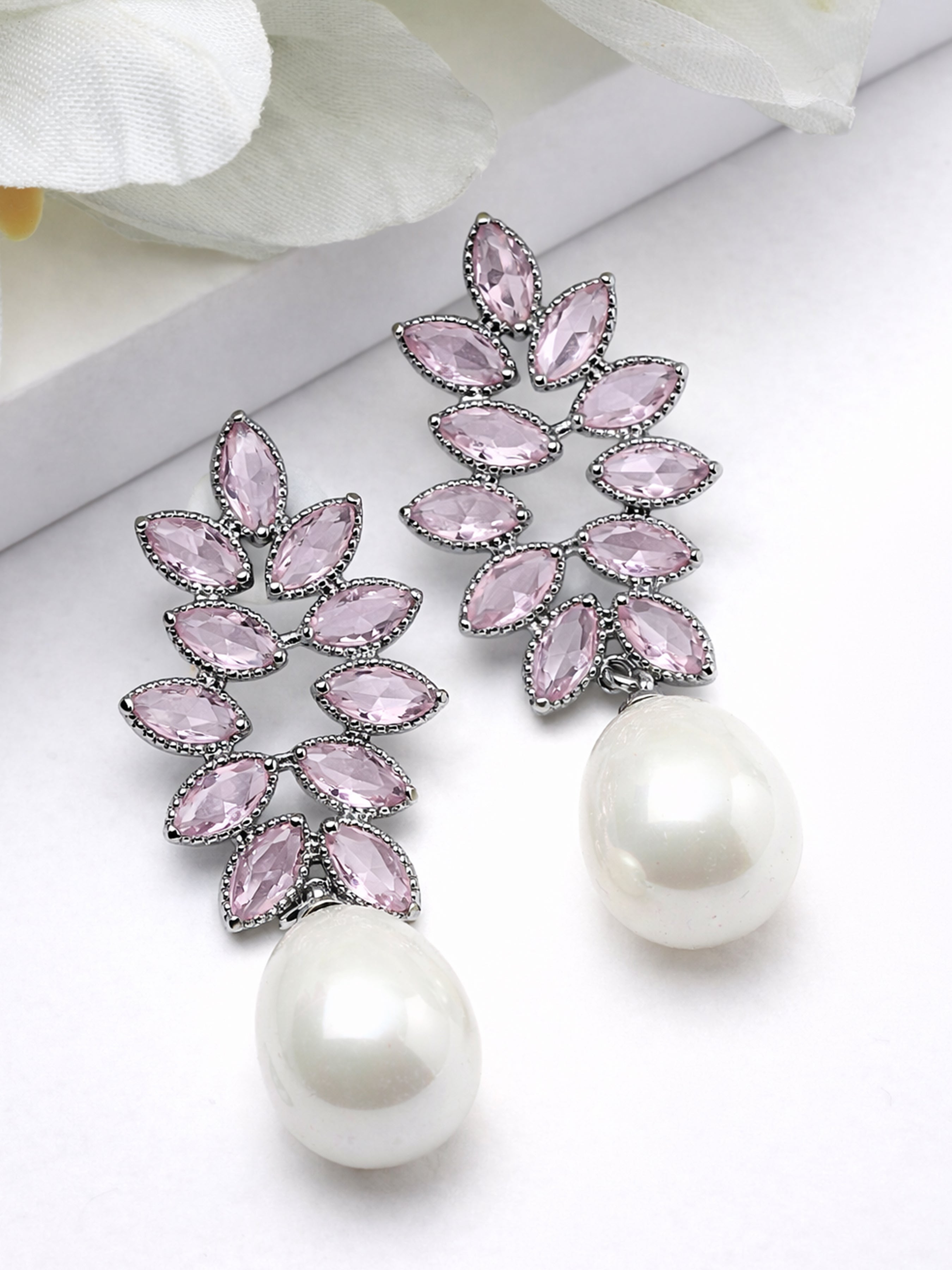 Light Pink Marquise Leaf Pearl Drop Earrings, Image 3 of 3