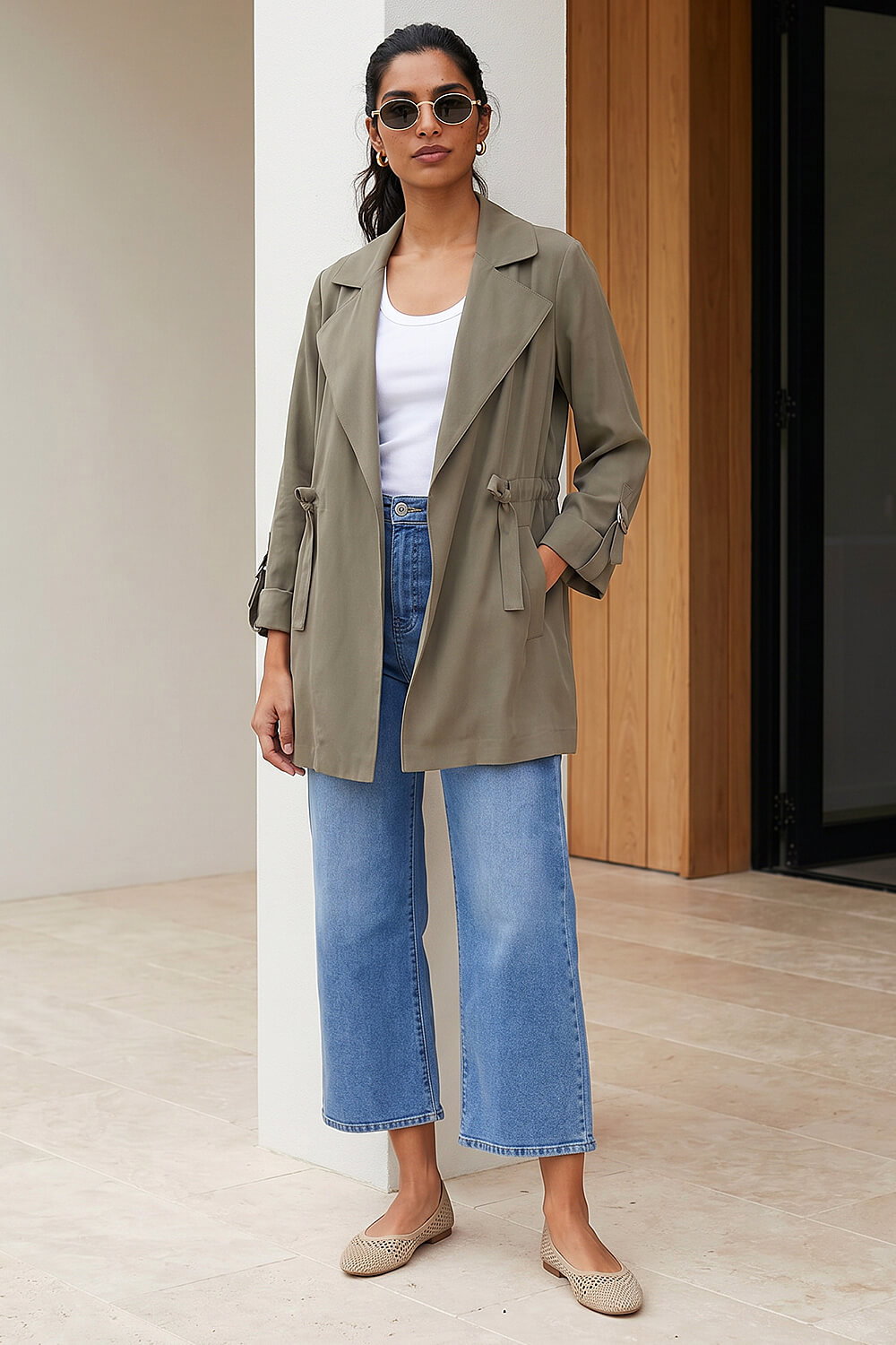 Khaki Tie Waist Longline Jacket, Image 3 of 4