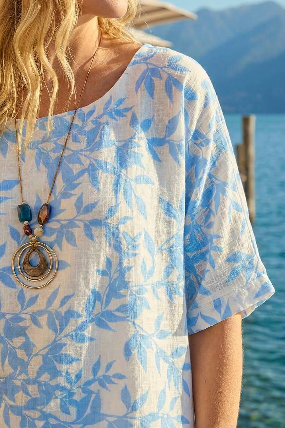 Light Blue Leaf Print Necklace Detail Tunic Top, Image 4 of 3