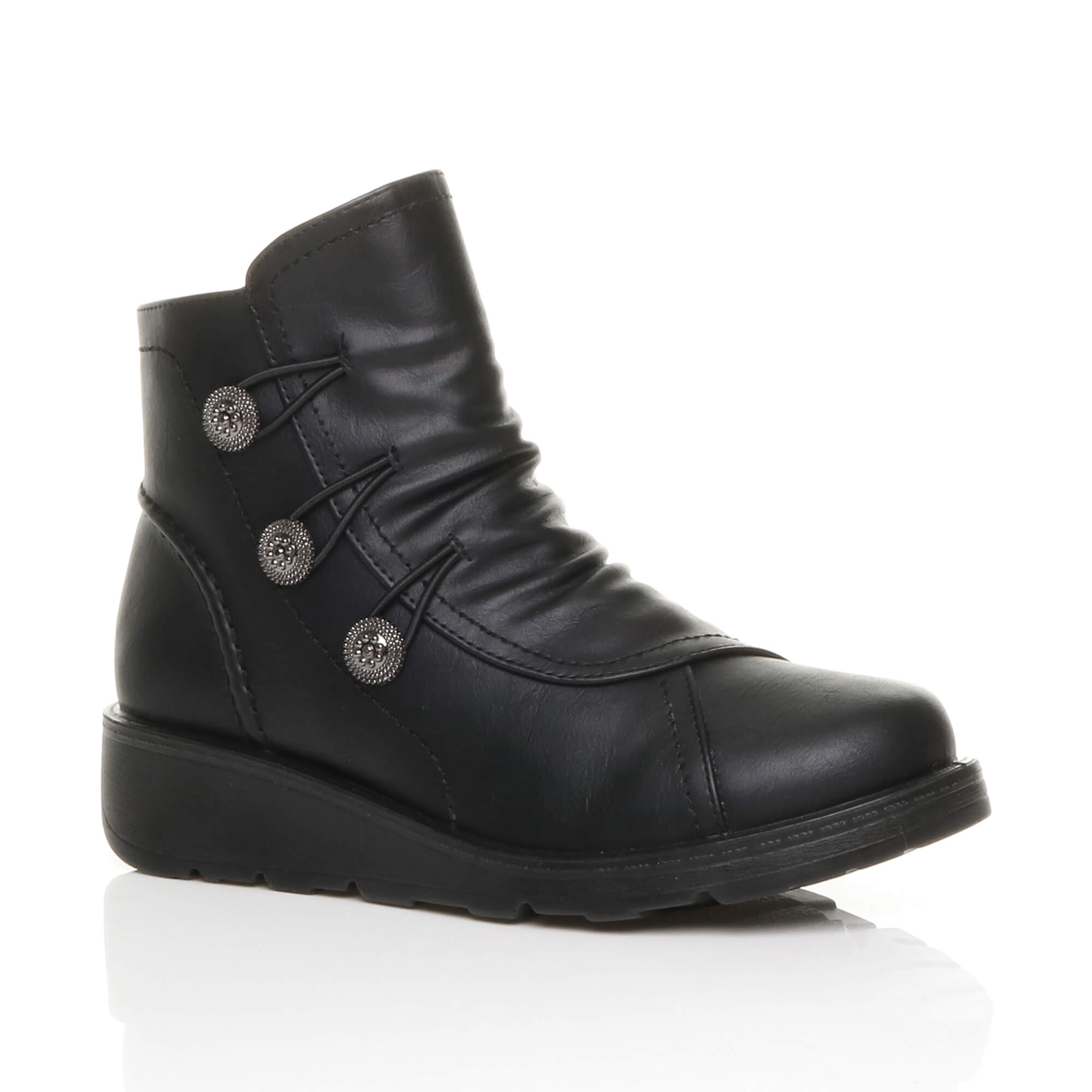Black Low Wedge Comfort Button Ankle Boots