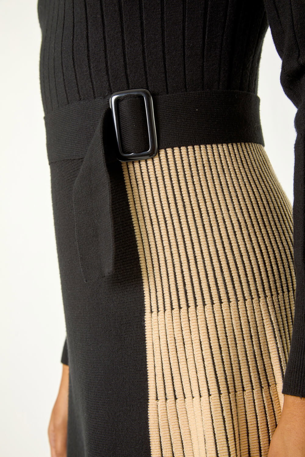 Camel Contrast Panel Belt Knitted Dress, Image 6 of 5