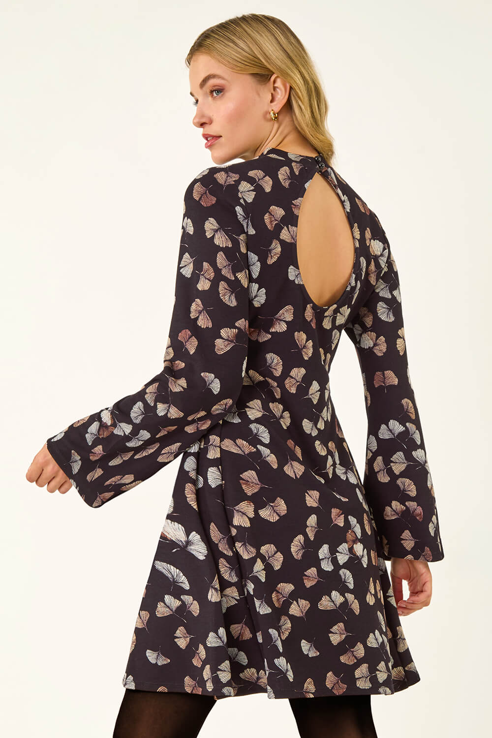 Black Dusk Leaf Godet Hem Dress, Image 3 of 4