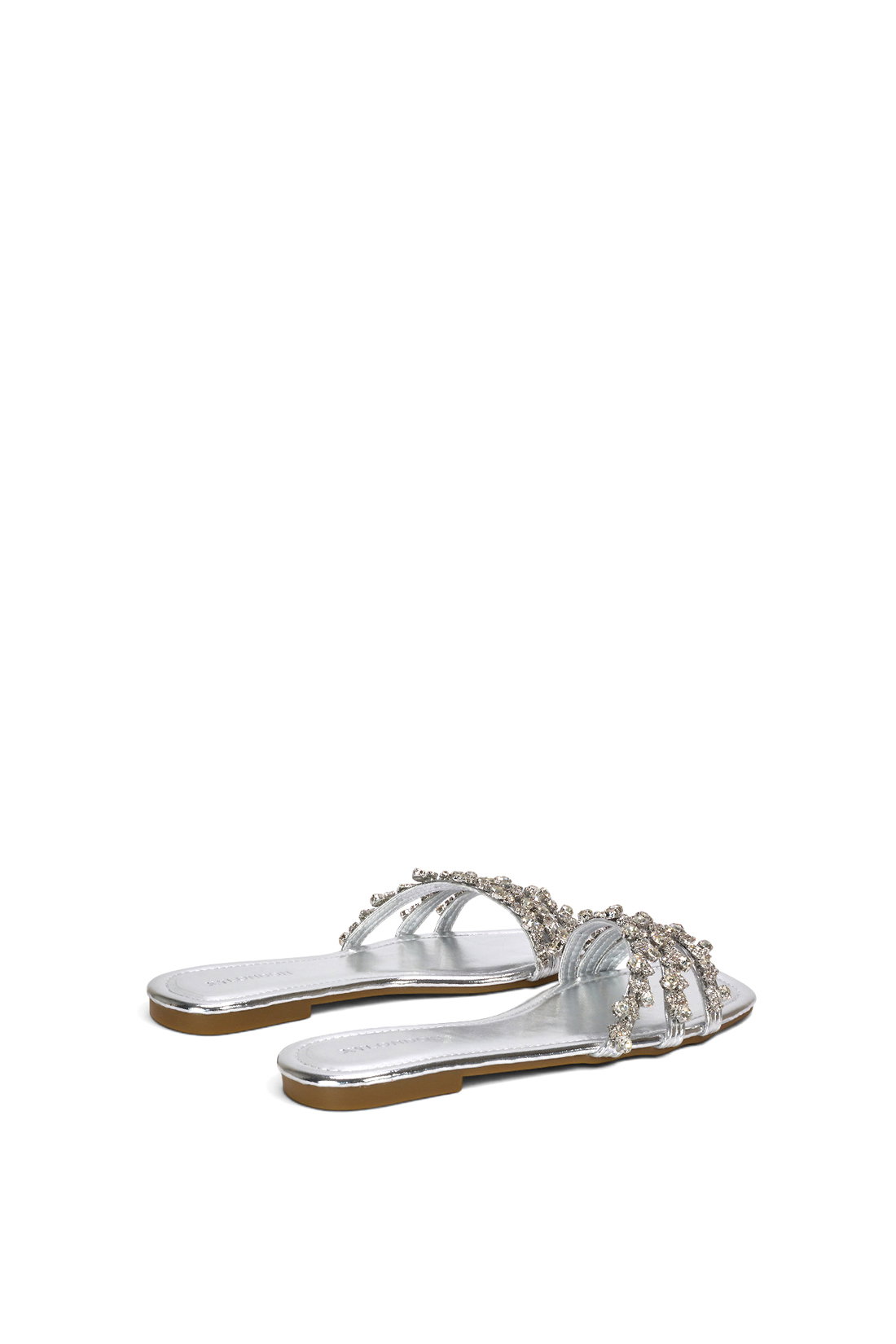Silver XY LONDON Silver Flat Diamante Strappy Slider Sandals With Square Toe, Image 4 of 6