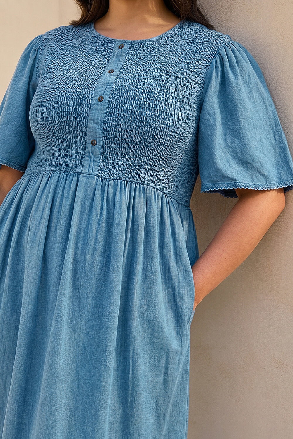 Blue Curve Denim Shirred Midi Dress, Image 5 of 4