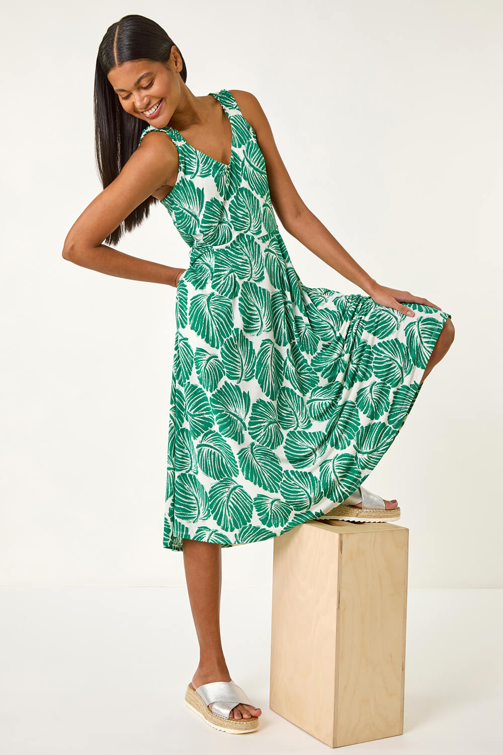 Green Leaf Print V-Neck Stretch Midi Dress, Image 1 of 5