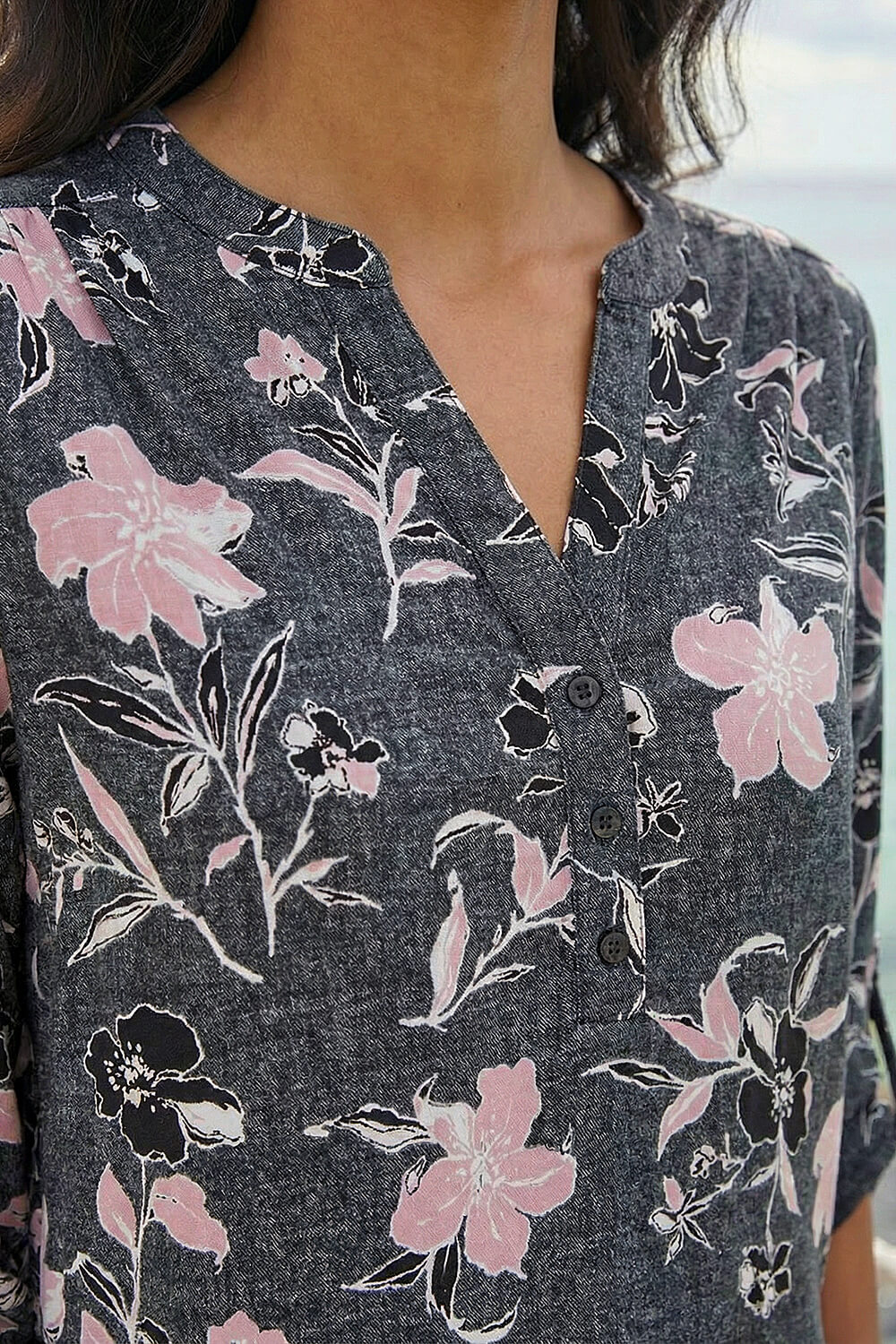 Pink Textured Floral Print V-Neck Stretch Shirt, Image 5 of 4