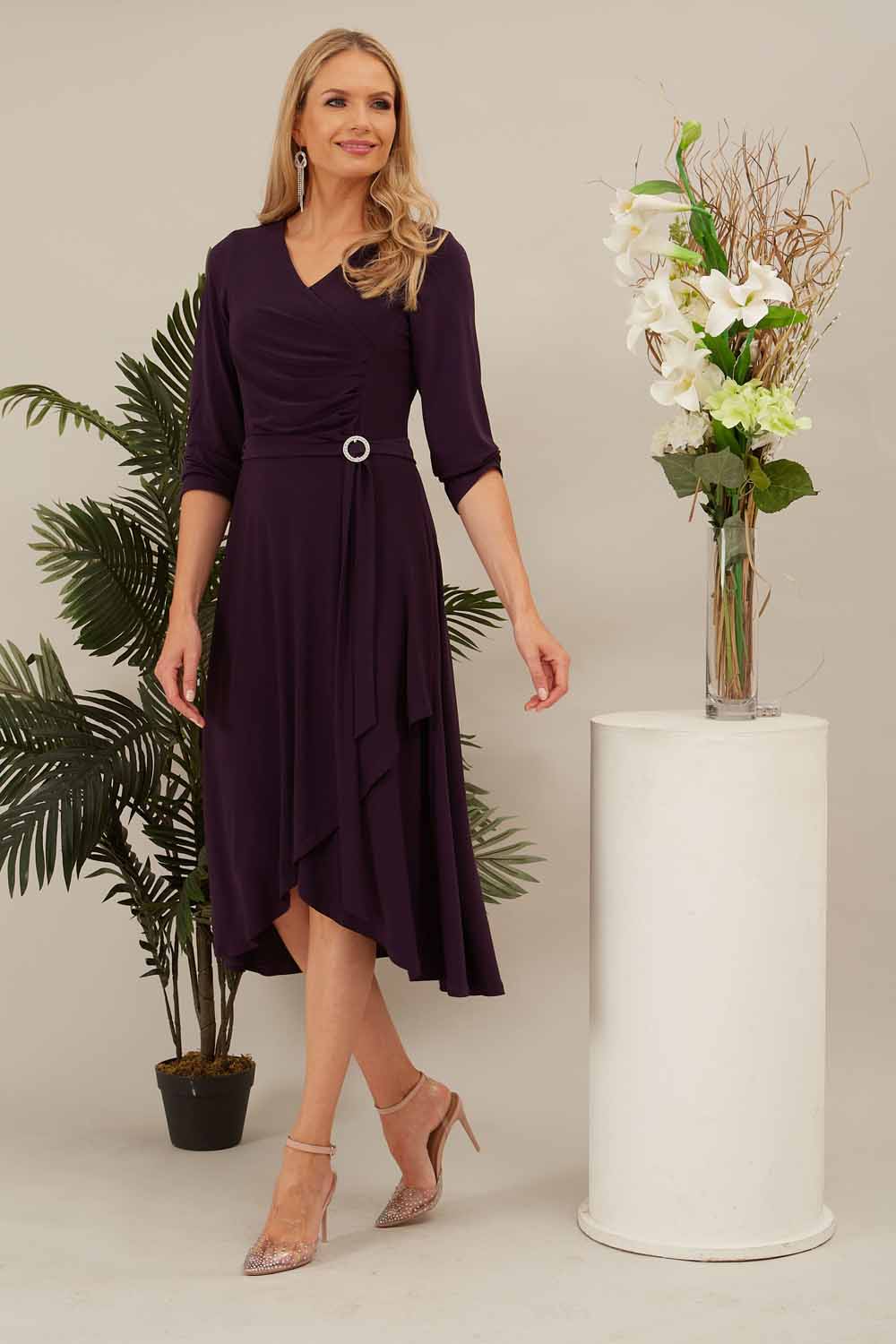Julianna Wrap Detail Jersey Midi Dress in Plum - Roman Originals UK