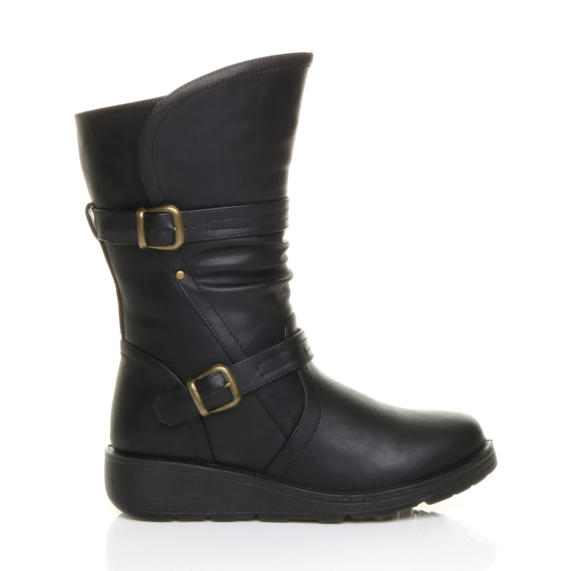Black Low Wedge Heel Comfort Calf Biker Boots, Image 2 of 6