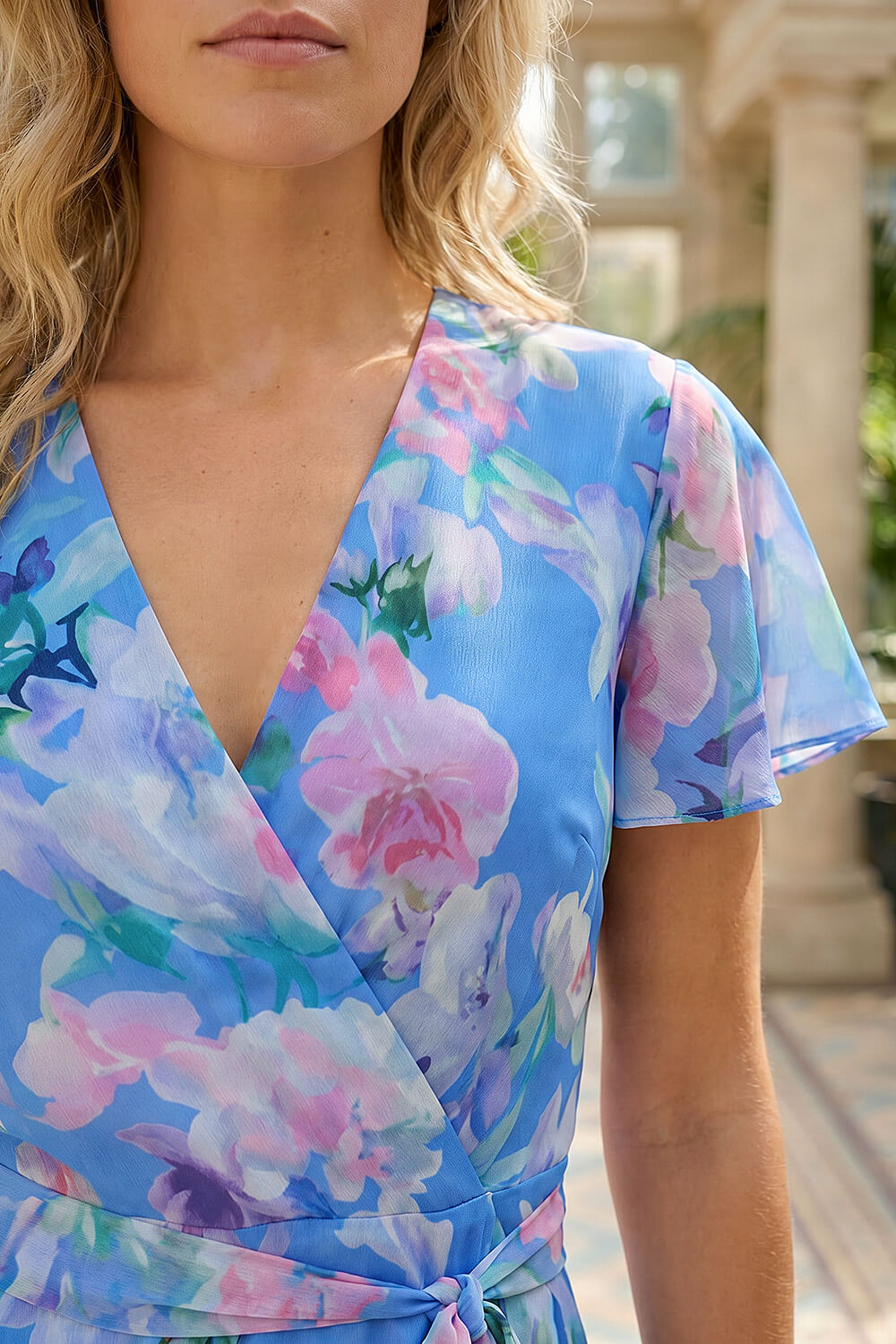 Light Blue Floral Frill Detail Wrap Dress, Image 5 of 4