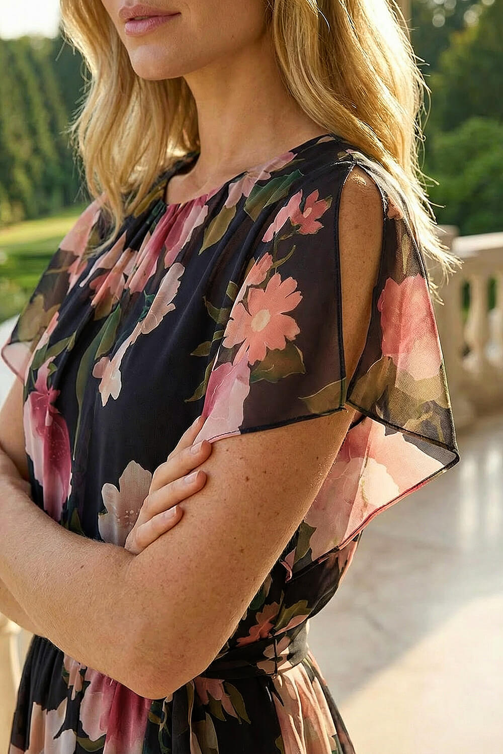 Black Floral Split Sleeve Midi Dress, Image 5 of 4
