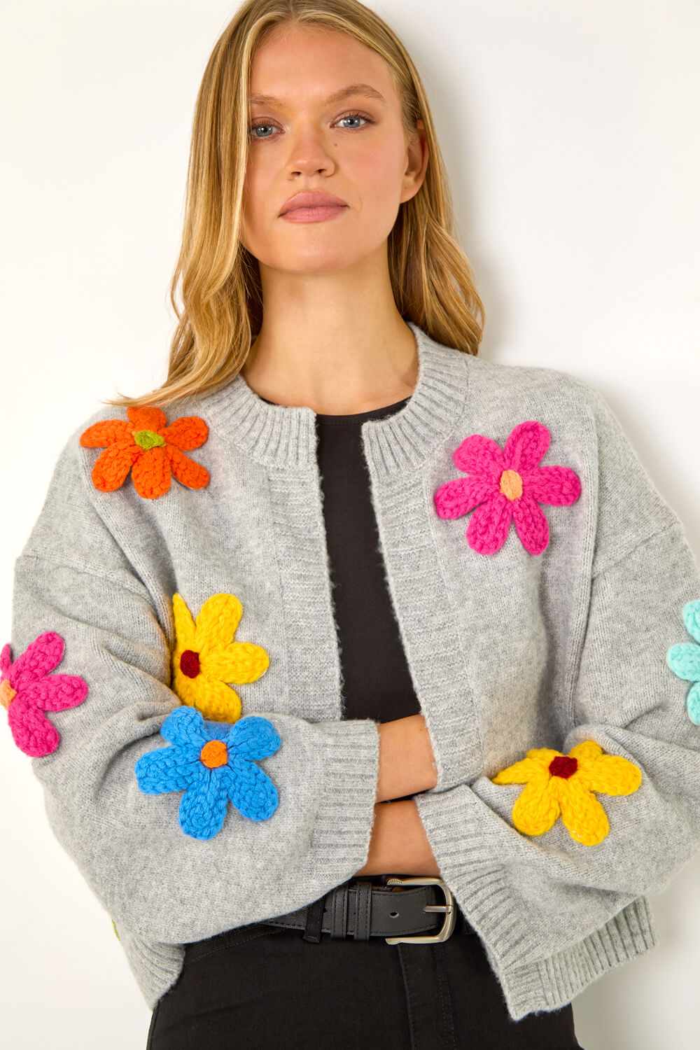 Grey Multi Floral Knit Cardigan, Image 1 of 5