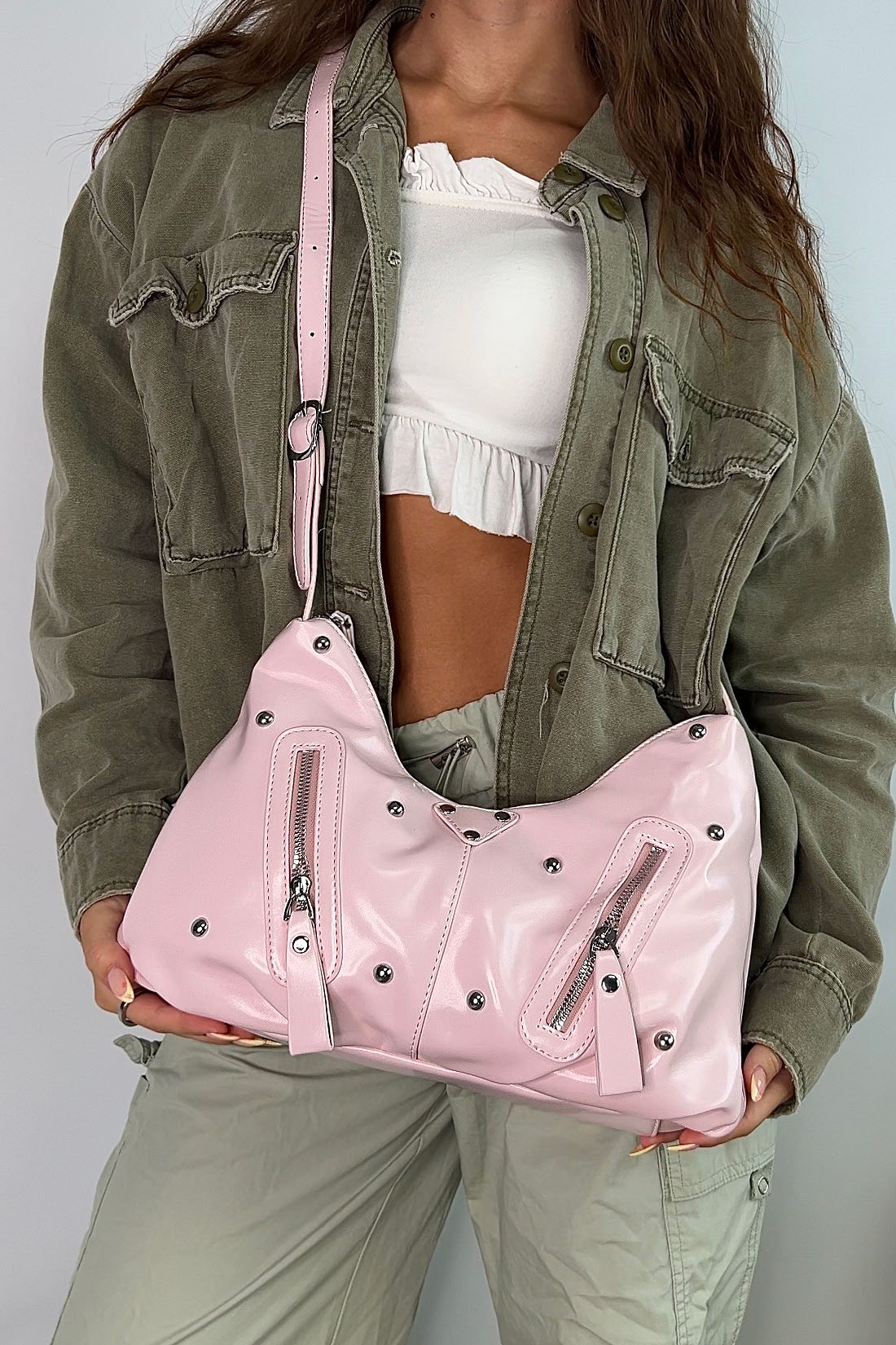 Pink Large Shoulder Bag With Zips And Studs, Image 2 of 4