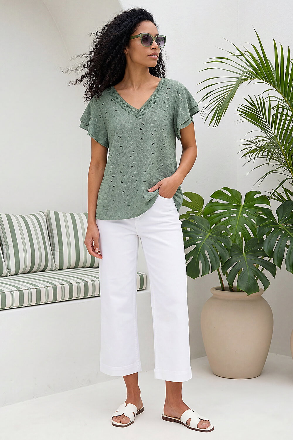 Khaki Broderie Detail V-Neck Stretch Top, Image 3 of 4