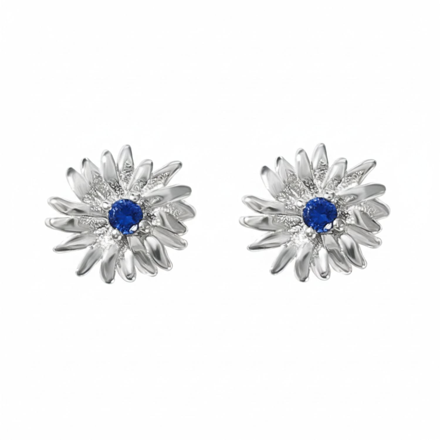 Silver Sapphire September Birthstone Aster Birthflower Stud Earrings, Image 1 of 3