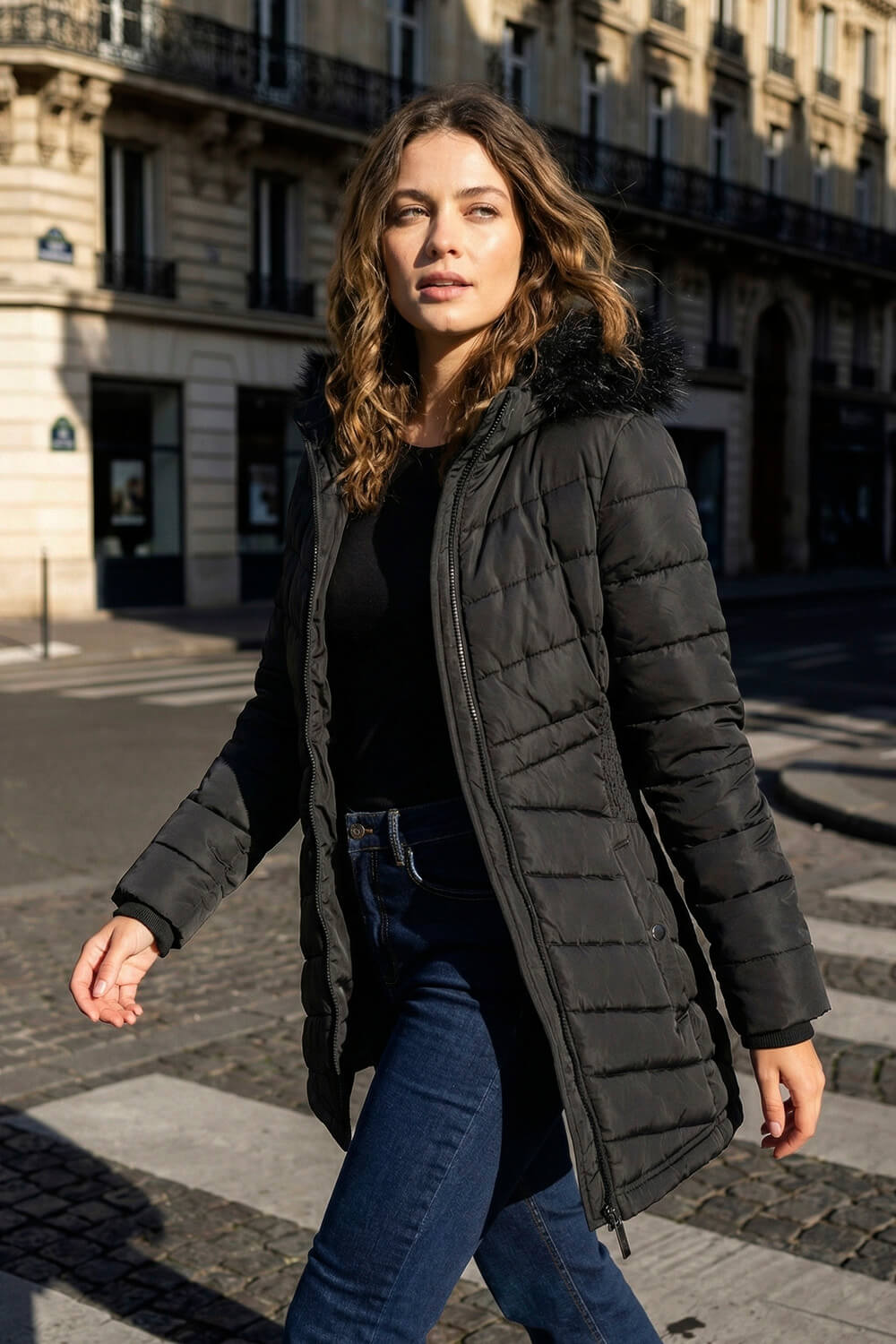 Black Faux Fur Hooded Quilt Coat, Image 1 of 3