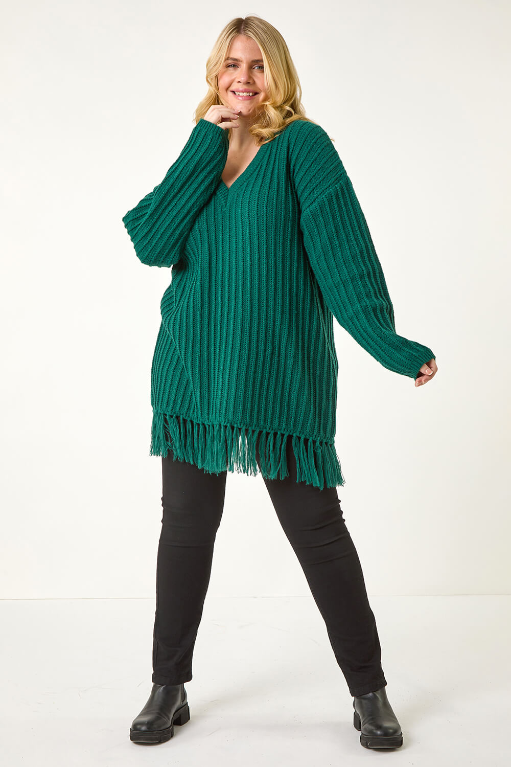 Forest Curve V-Neck Tassel Hem Knit Jumper, Image 3 of 5