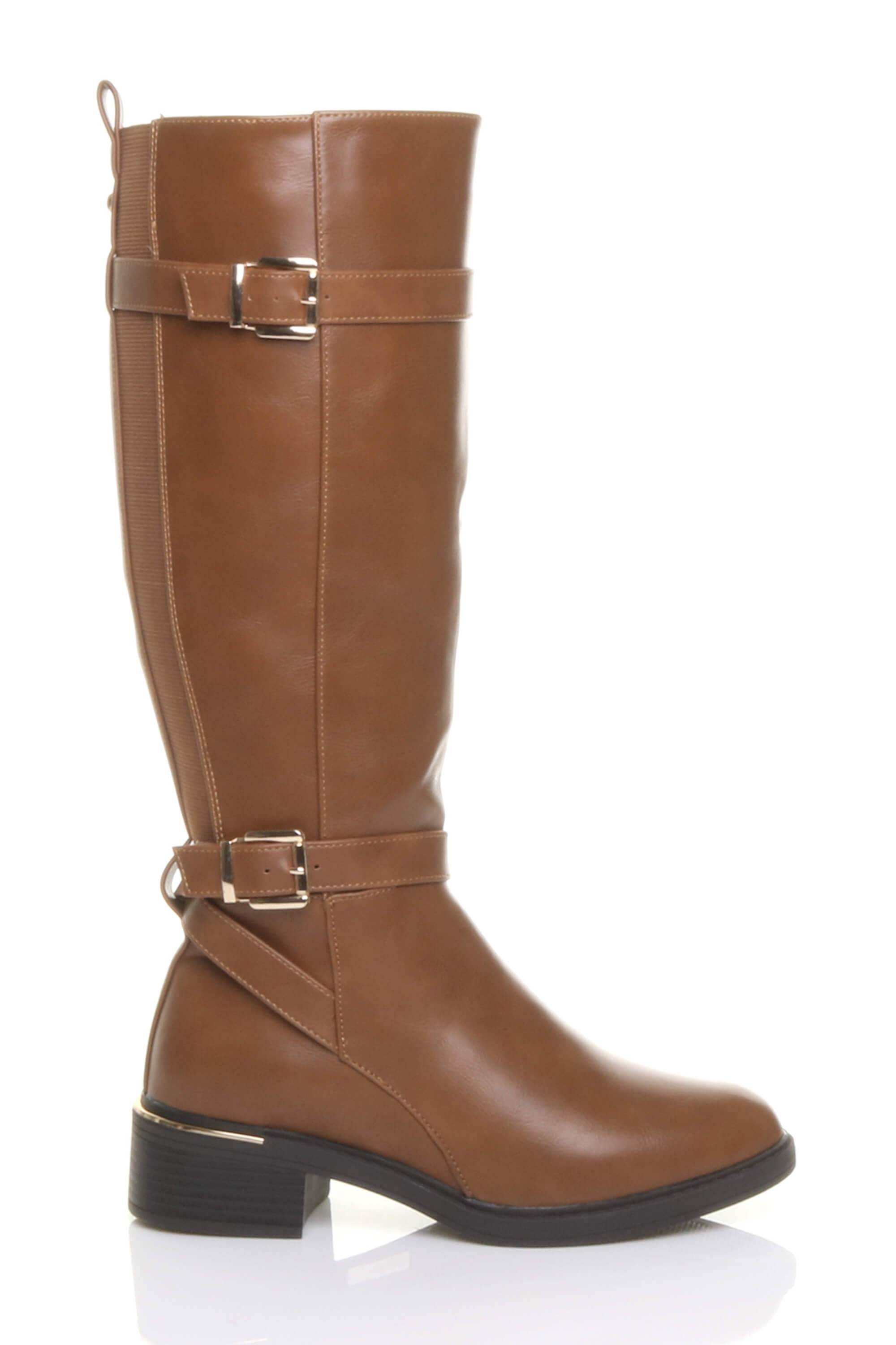 Tan AJVANI Tan Stretchy Elastic Zip Calf Biker Knee Boots, Image 1 of 5