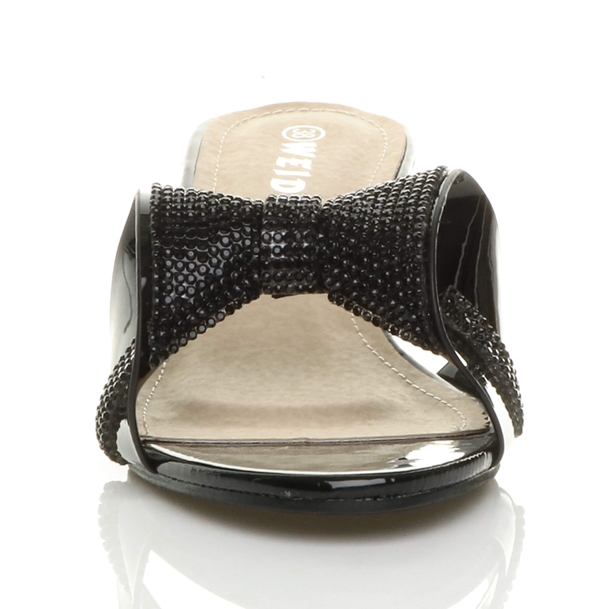 Mid Block Heel Diamante Bow Mules Sandals, Image 6 of 8