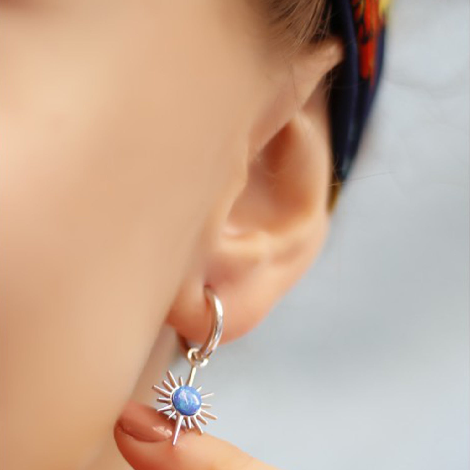 Silver Blue Opal Northernstar Drop Hoop Earring Sterling Silver, Image 2 of 2
