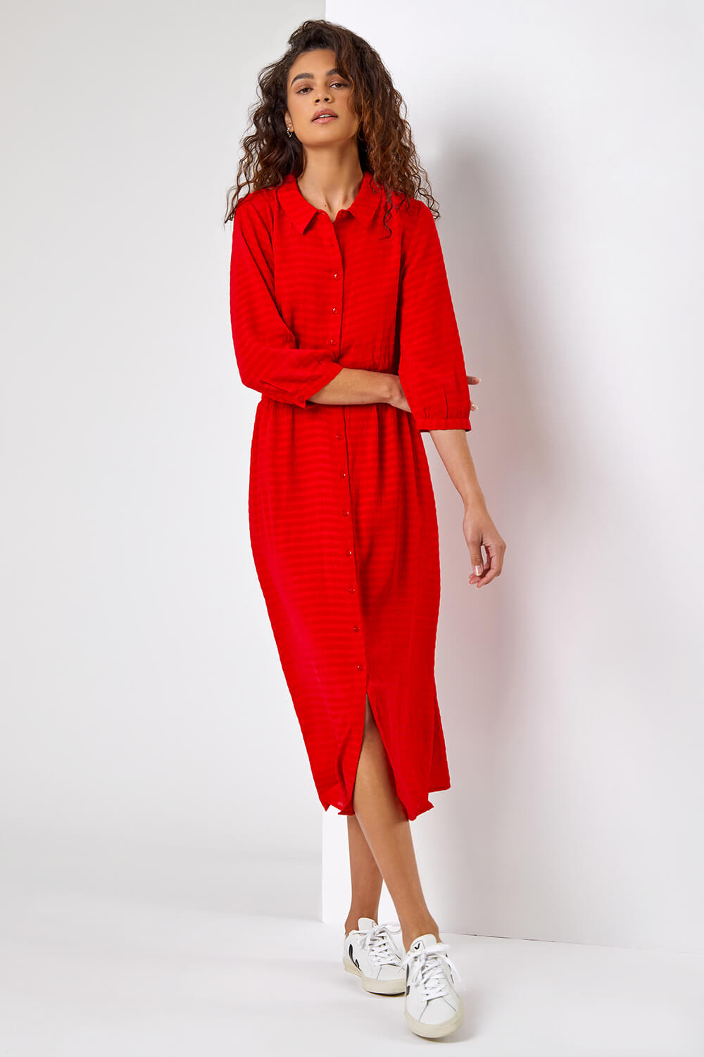 Red Textured Midi Shirt Dress, Image 4 of 5