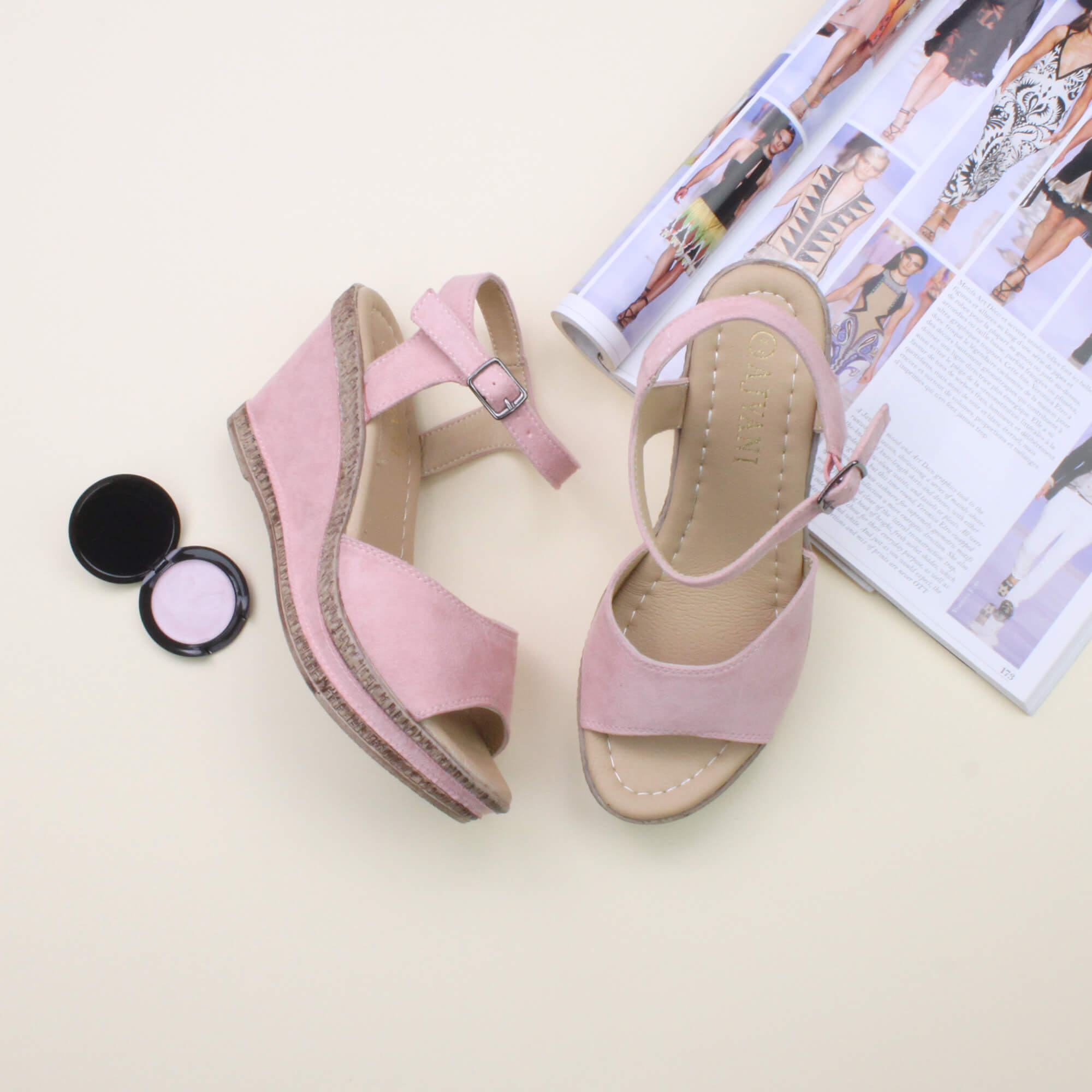 Light Pink AJVANI Light Pink High Wedge Heel Ankle Strap Cork Sandals, Image 4 of 6