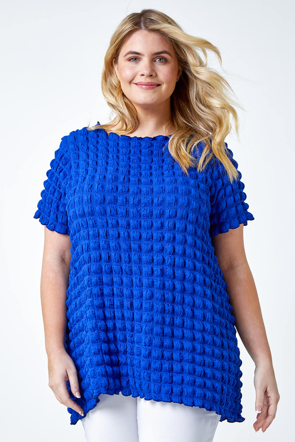 Royal Blue Curve Square Textured Stretch Top, Image 1 of 5