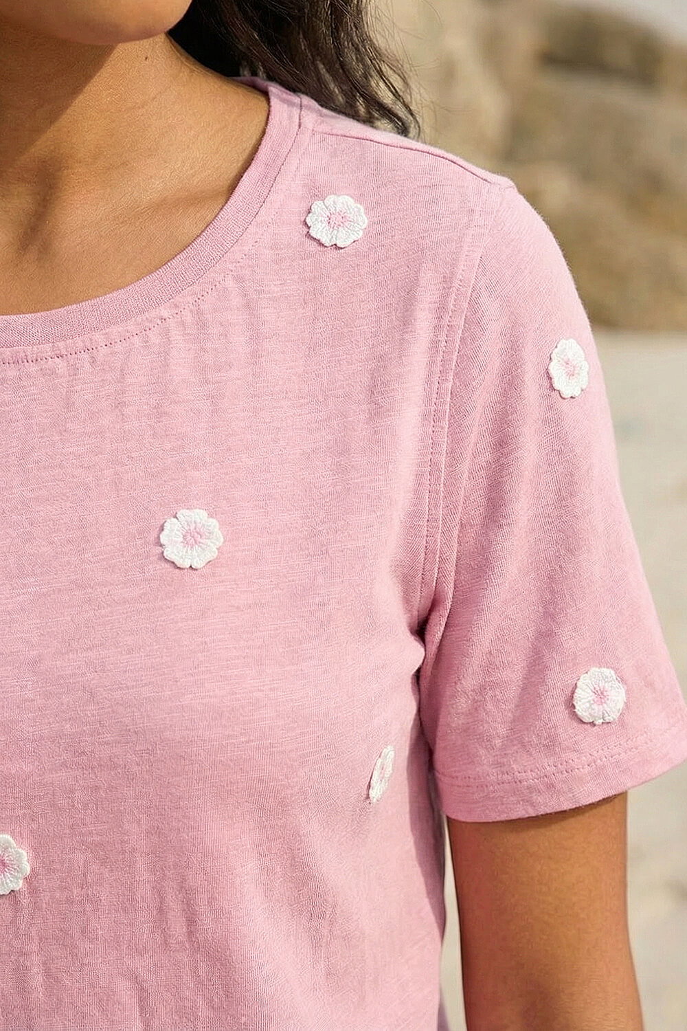 Pink Textured Floral Stretch T-Shirt, Image 5 of 4
