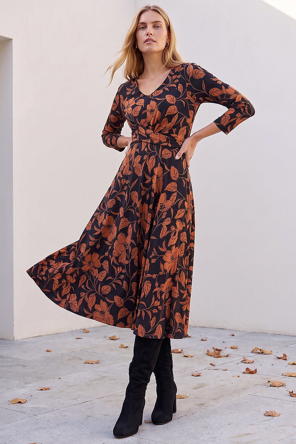 Roman Women's Tan Leaf Print Wrap Midi Dress Size 14