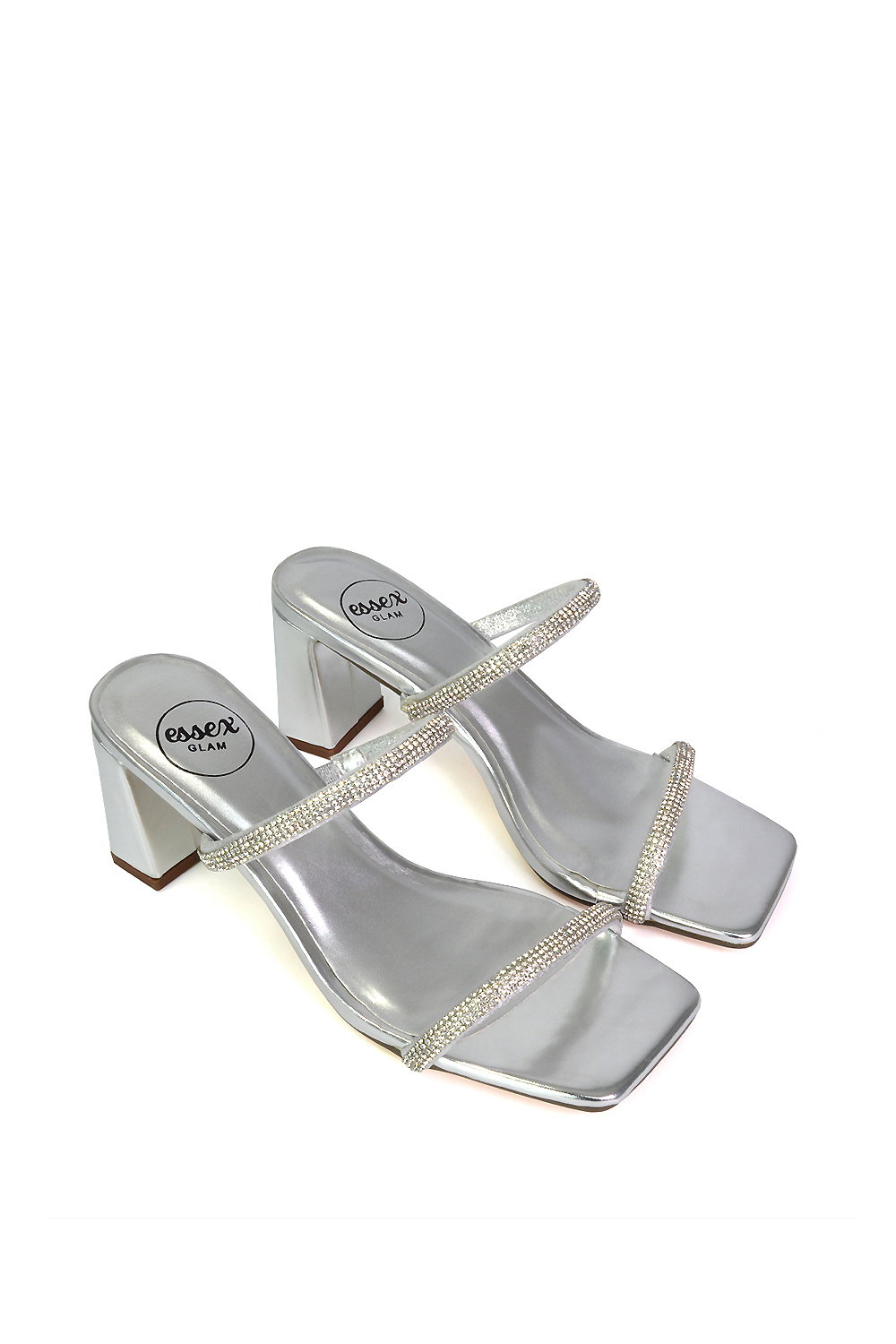 Silver XY LONDON Silver 'Holden' Diamante Strap Square Toe Mid Block Heel Sandal Mules, Image 4 of 5