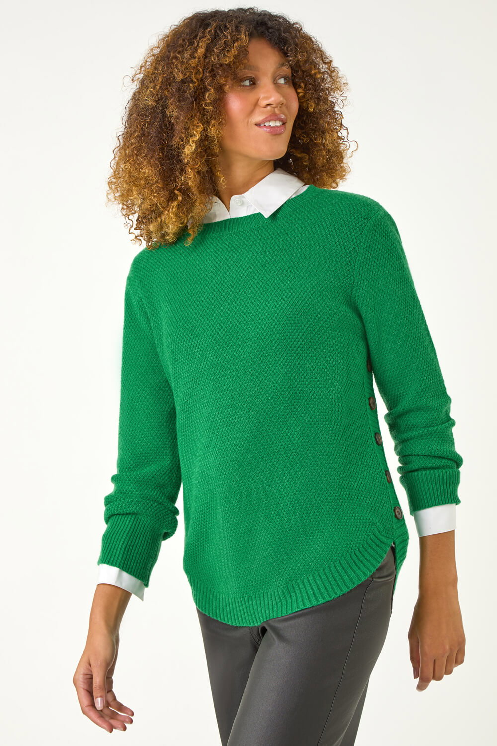 Green Textured Curved Hem Jumper, Image 5 of 5